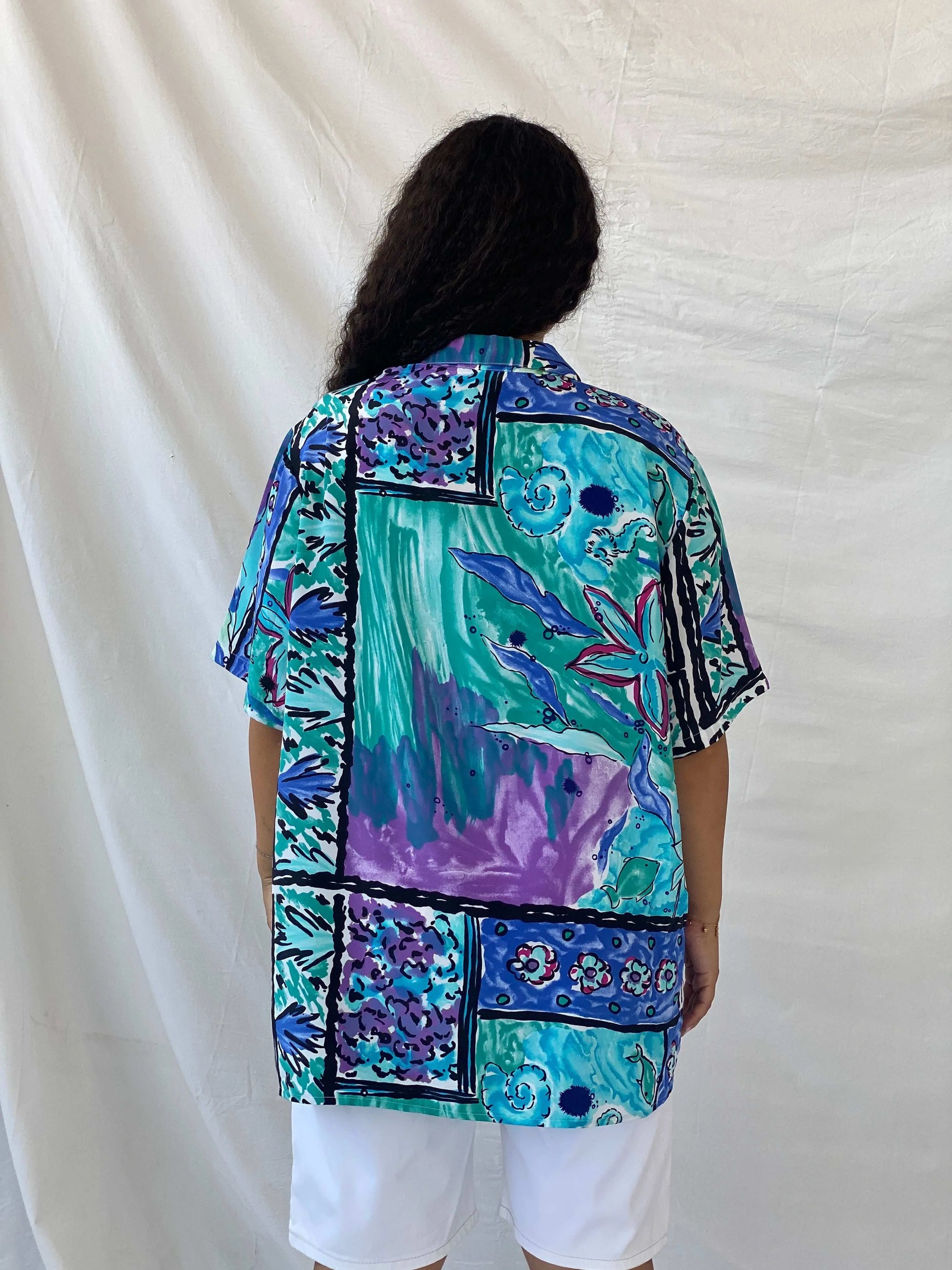 Statement Vintage Handmade Blue and Purple Floral Oversized Shirt - XL - Balagan Vintage Half Sleeve Shirt 00s, 90s, Deals, Dina, floral, floral shirt, half sleeve shirt, oversized, oversized shirt