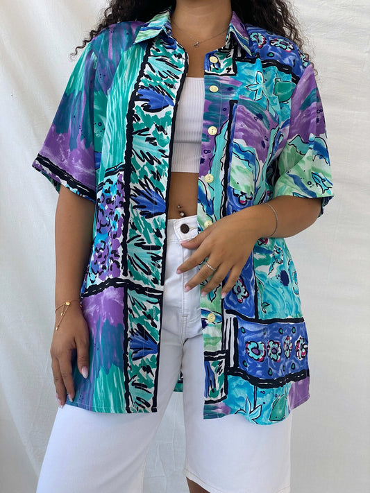 Statement Vintage Handmade Blue and Purple Floral Oversized Shirt - XL - Balagan Vintage Half Sleeve Shirt 00s, 90s, Deals, Dina, floral, floral shirt, half sleeve shirt, oversized, oversized shirt