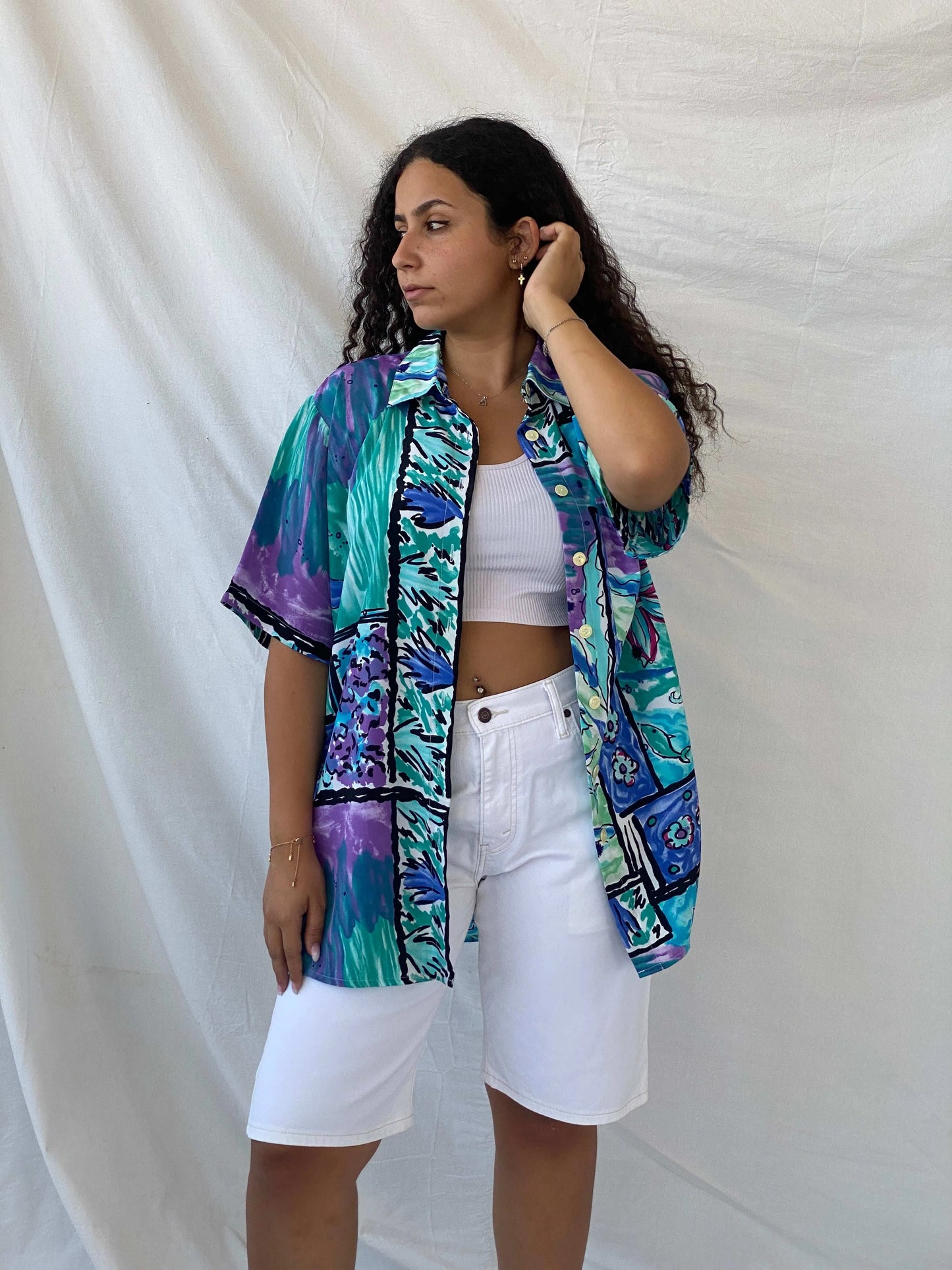 Statement Vintage Handmade Blue and Purple Floral Oversized Shirt - XL - Balagan Vintage Half Sleeve Shirt 00s, 90s, Deals, Dina, floral, floral shirt, half sleeve shirt, oversized, oversized shirt