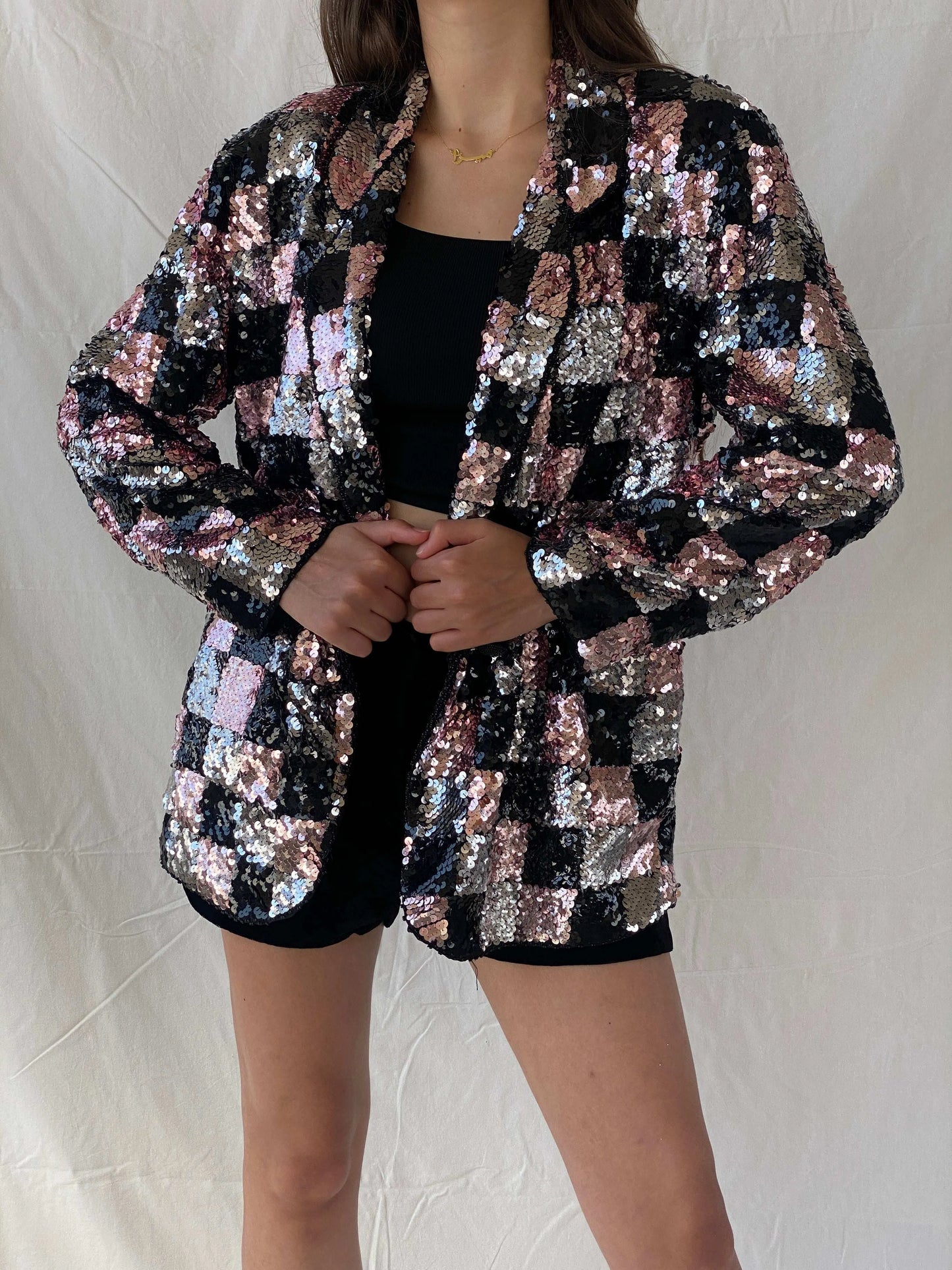 Statement Vintage Jris Black, Pink & Silver Sequin Party Blazer - M - Balagan Vintage Blazer 90s, blazer, full sleeve blazer, Mira, winter
