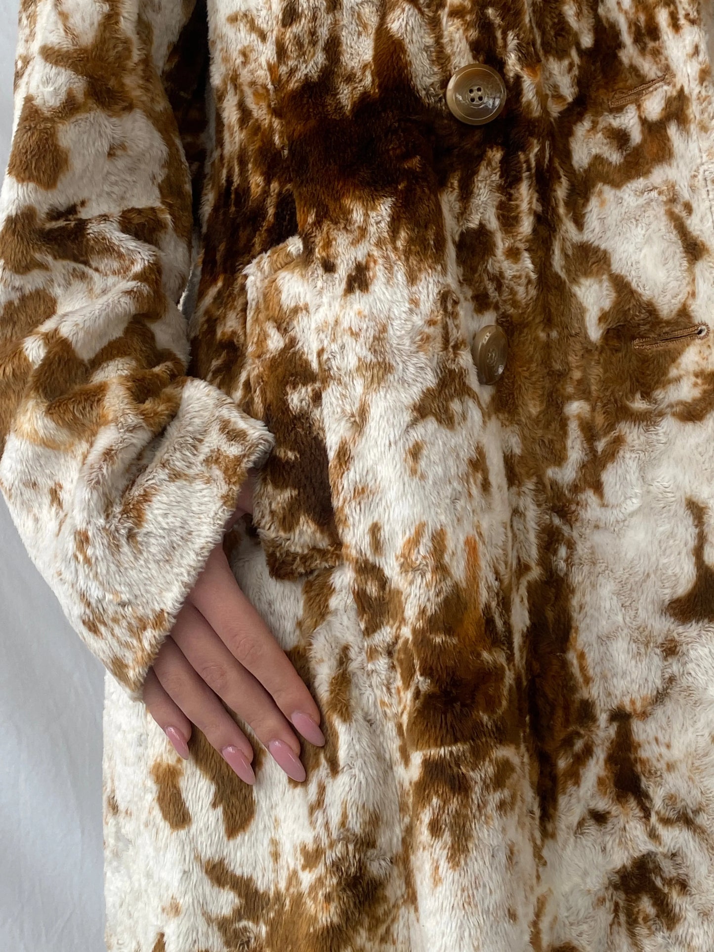 Statement Vintage Lifestyle by Alba Moda Brown Appaloosa Print Faux Fur Trim Coat - L - Balagan Vintage Coat 90s, animal print, Christine, coat, Coats&Jackets, faux fur, vintage coat, winter, Women's Coats
