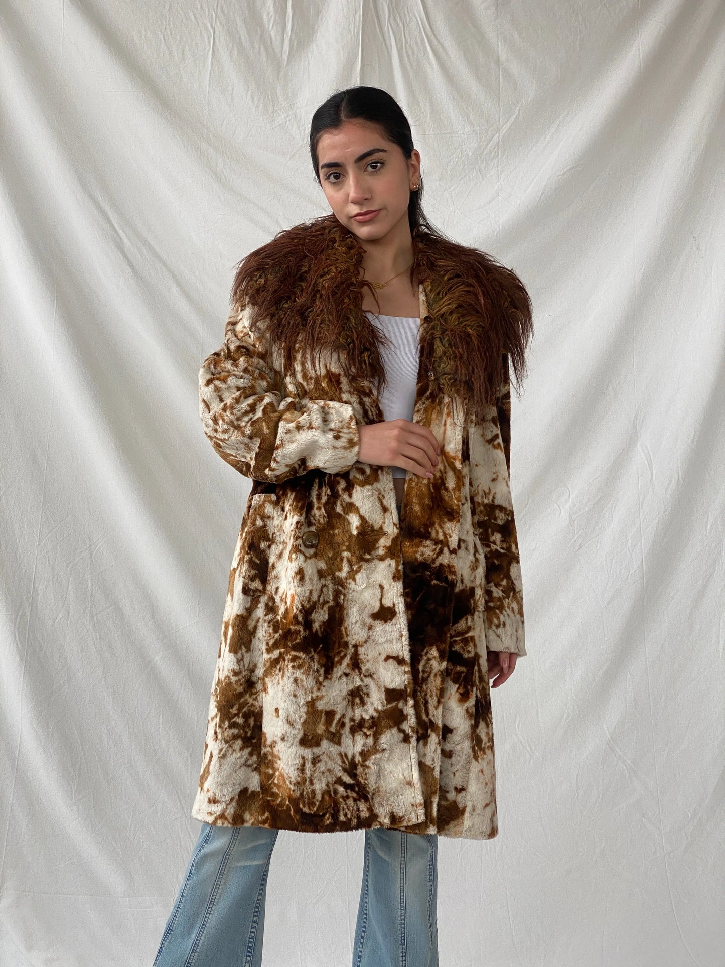 Statement Vintage Lifestyle by Alba Moda Brown Appaloosa Print Faux Fur Trim Coat - L - Balagan Vintage Coat 90s, animal print, Christine, coat, Coats&Jackets, faux fur, vintage coat, winter, Women's Coats