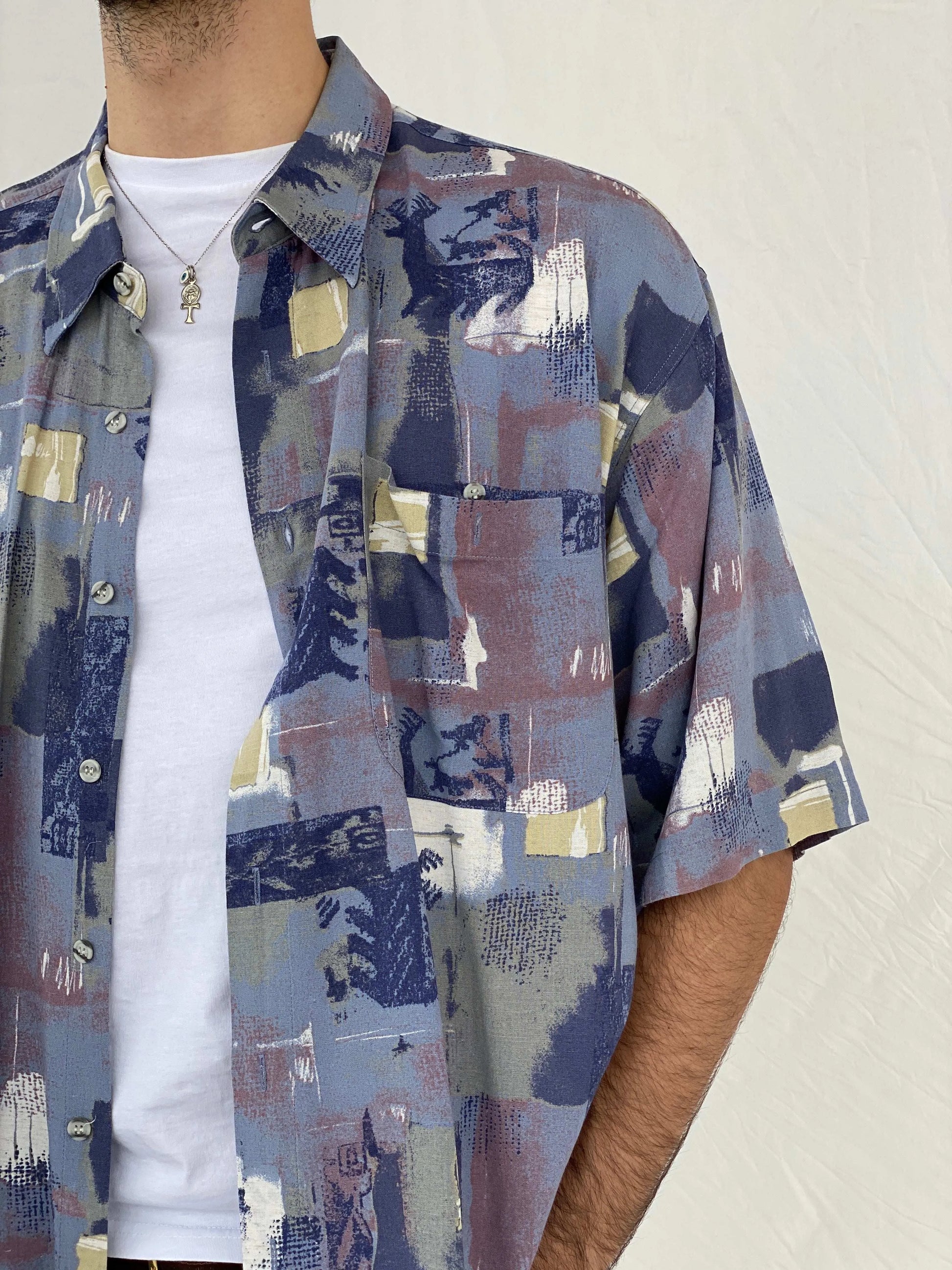 Statement Vintage Pierre Sangan Printed Blue Shirt Size 2XL - Balagan Vintage Half Sleeve Shirt 90s, Awsam, half sleeve shirt, mens shirt, printed shirt