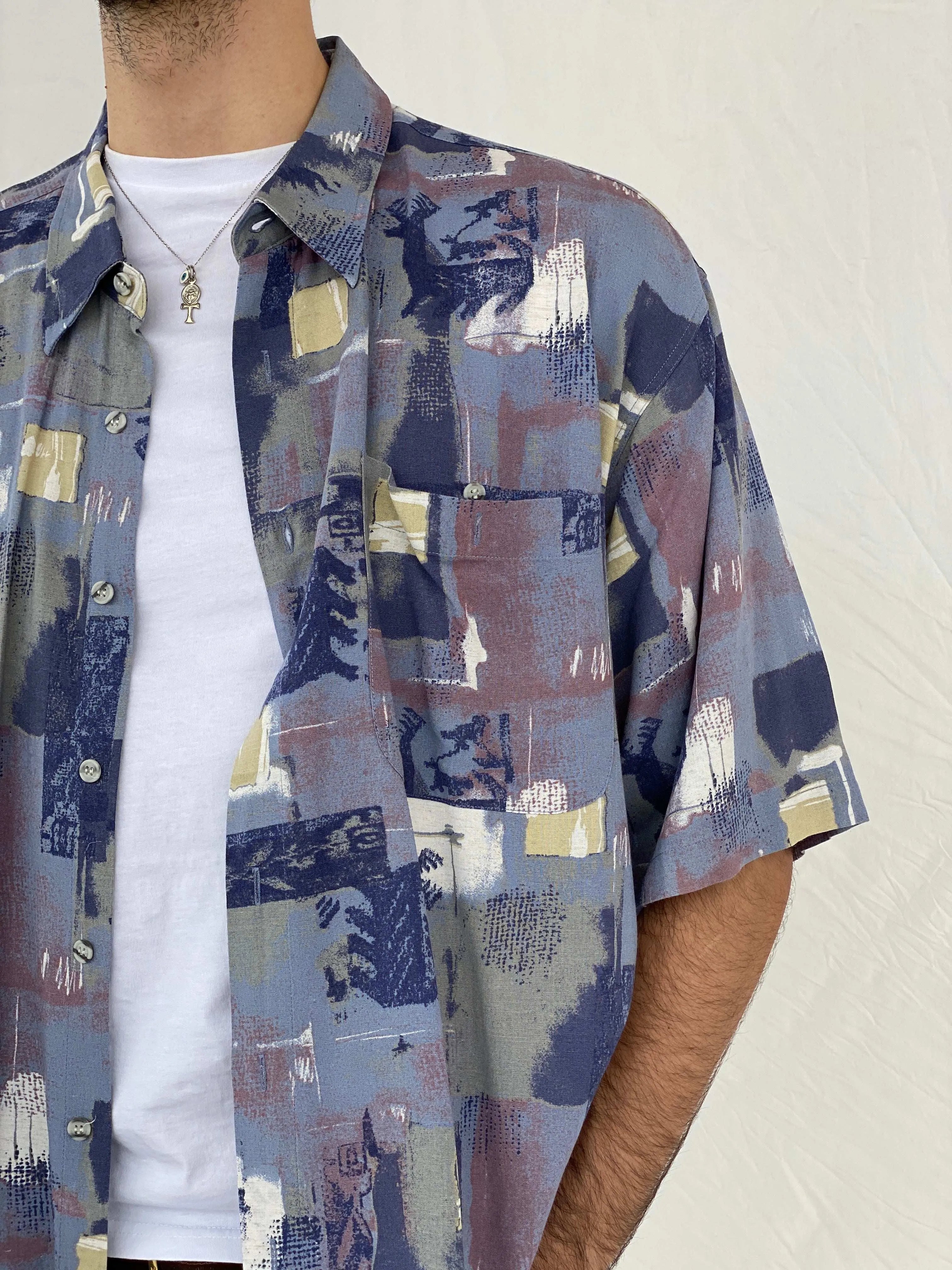 Statement Vintage Pierre Sangan Printed Blue Shirt Size 2XL - Balagan Vintage Half Sleeve Shirt 90s, Awsam, half sleeve shirt, mens shirt, printed shirt