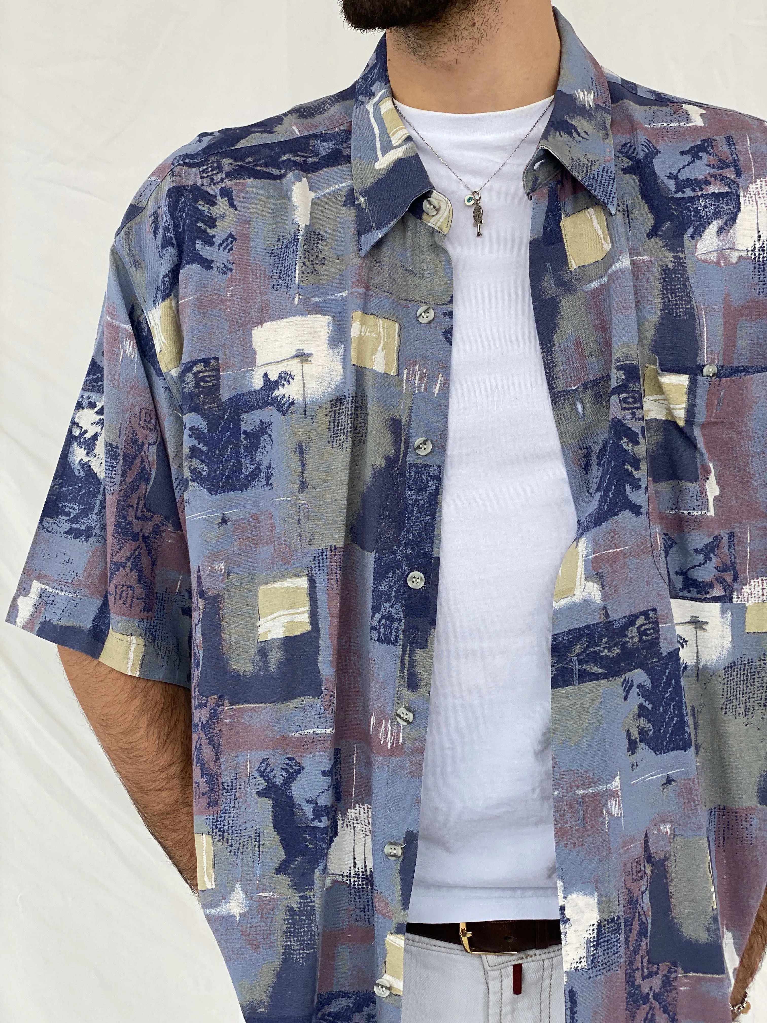 Statement Vintage Pierre Sangan Printed Blue Shirt Size 2XL - Balagan Vintage Half Sleeve Shirt 90s, Awsam, half sleeve shirt, mens shirt, printed shirt