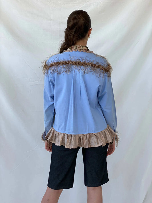 Statement Wrangler Blue Tapestery Patchwork Women’s Shirt - M - Balagan Vintage Full Sleeve Shirt 00s, full sleeve shirt, Mira, winter, women shirt, women top, wrangler, wrangler shirt