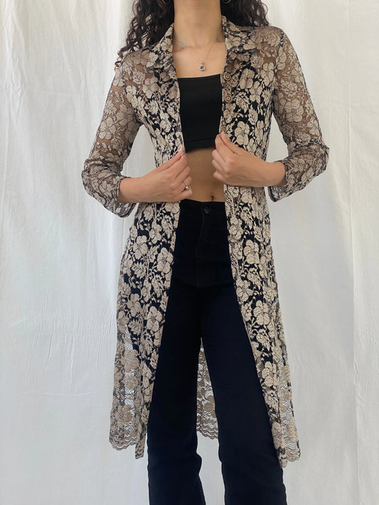 Stunning 90s Wallis Petite Gold Black Lace Long Cardigan - M - Balagan Vintage Cardigan 90s, cardigan, Celine, cotton shirt, printed shirt, women shirt