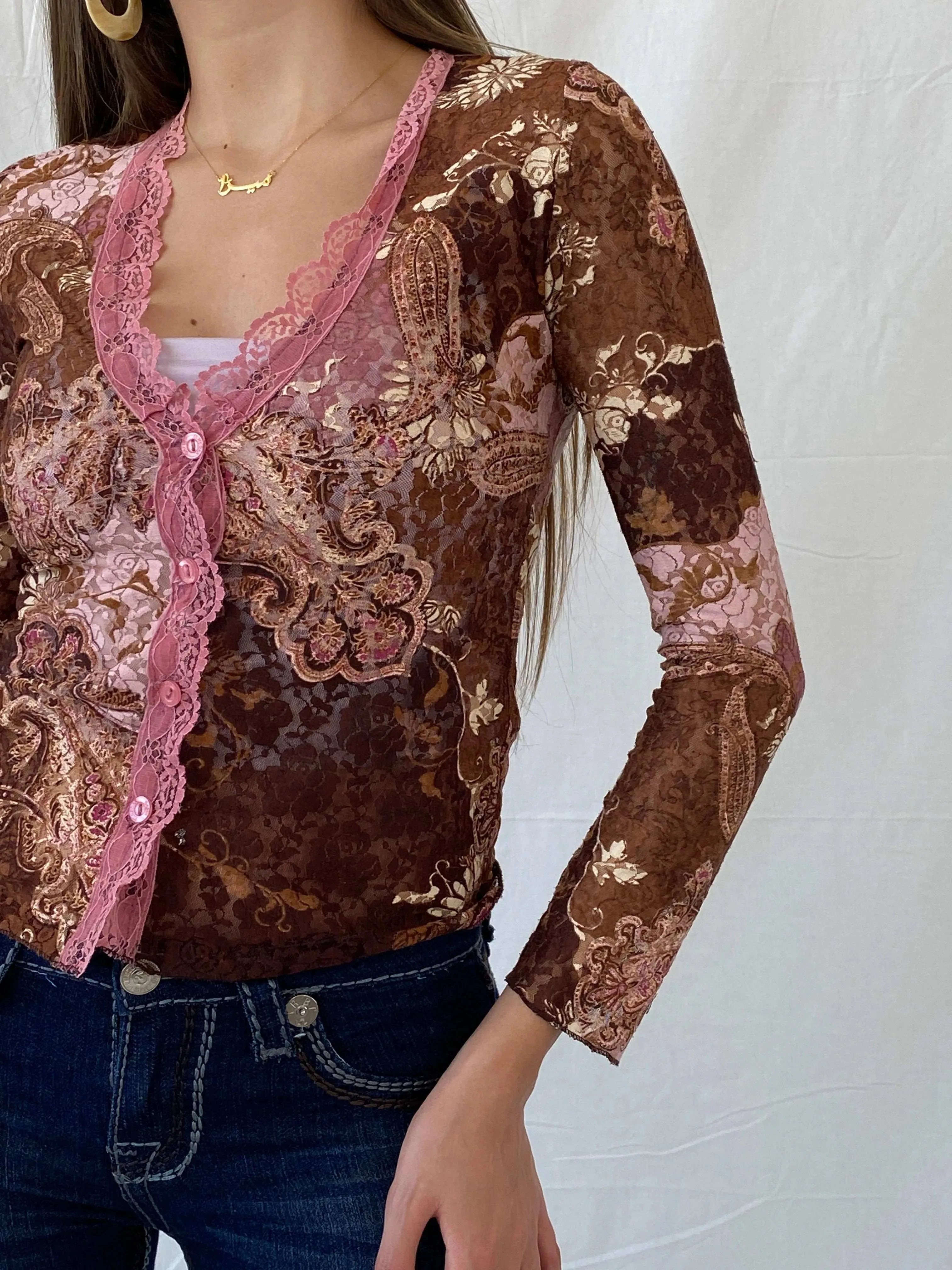 Stunning Floral Lace Button Up Brown and Pink Cardigan - S - Balagan Vintage Cardigan 00s, 90s, Deals, floral top, Mira, sheer, winter, women top