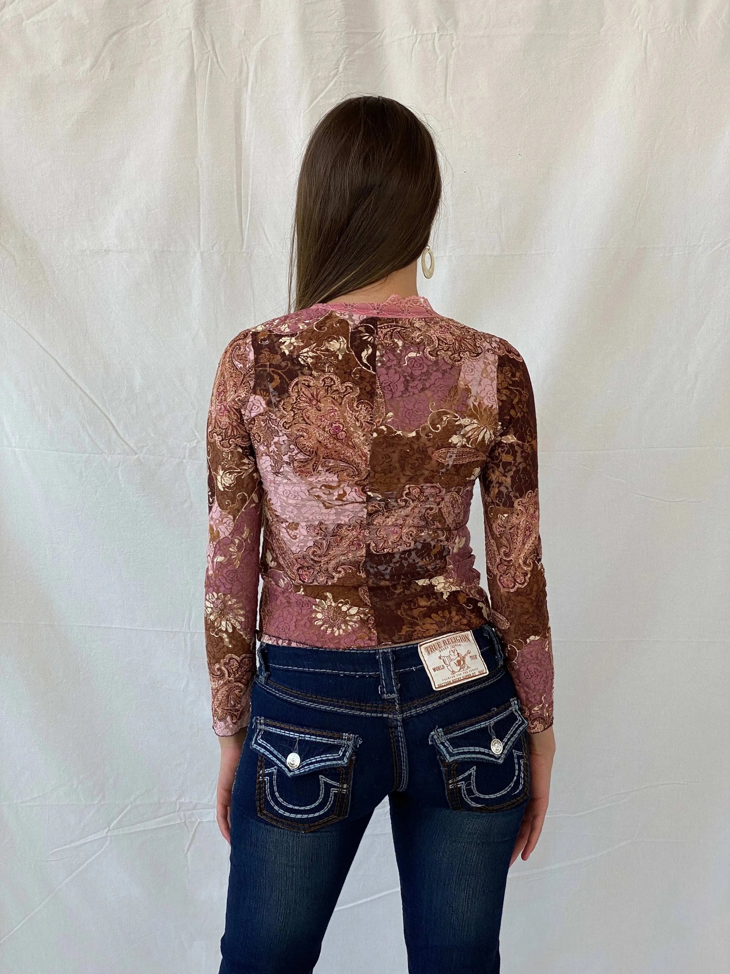Stunning Floral Lace Button Up Brown and Pink Cardigan - S - Balagan Vintage Cardigan 00s, 90s, Deals, floral top, Mira, sheer, winter, women top
