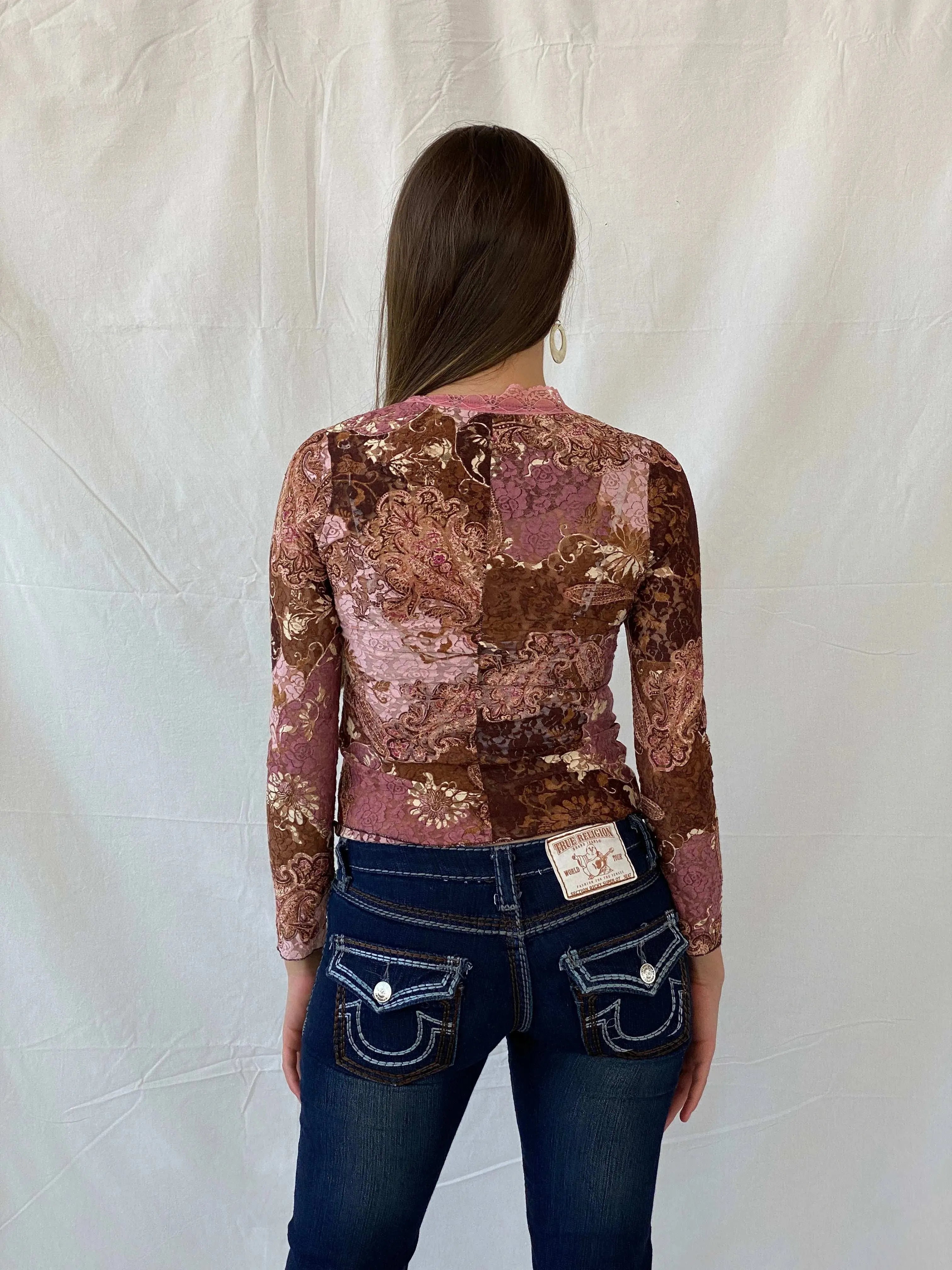 Stunning Floral Lace Button Up Brown and Pink Cardigan - S - Balagan Vintage Cardigan 00s, 90s, Deals, floral top, Mira, sheer, winter, women top