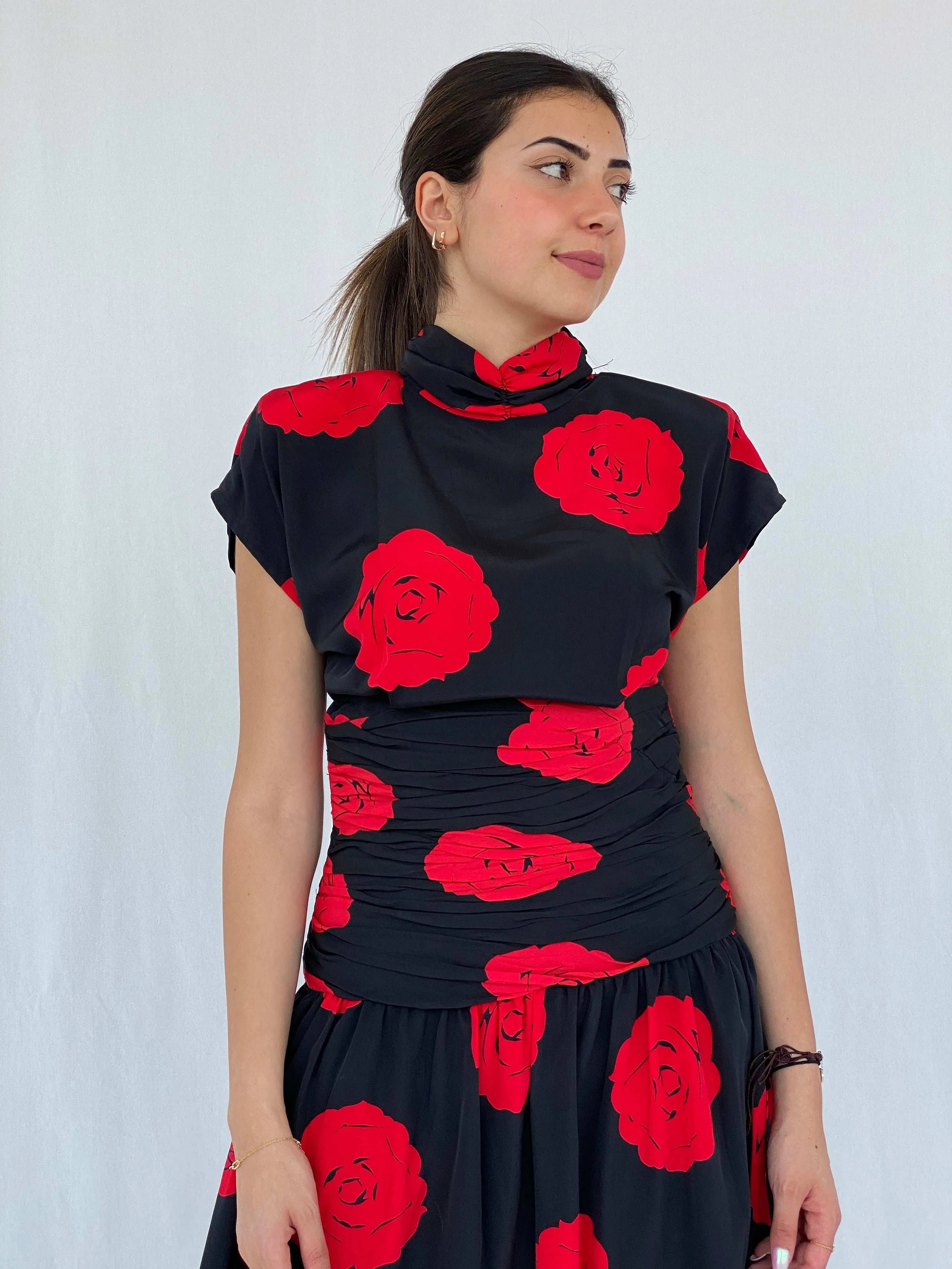 Stunning Vintage 80s Handmade Black Rose Print Midi Party Dress Size M - Balagan Vintage Midi Dress 90s, black dress, Deals, dress, floral dress, formal dress, Juana, midi dress