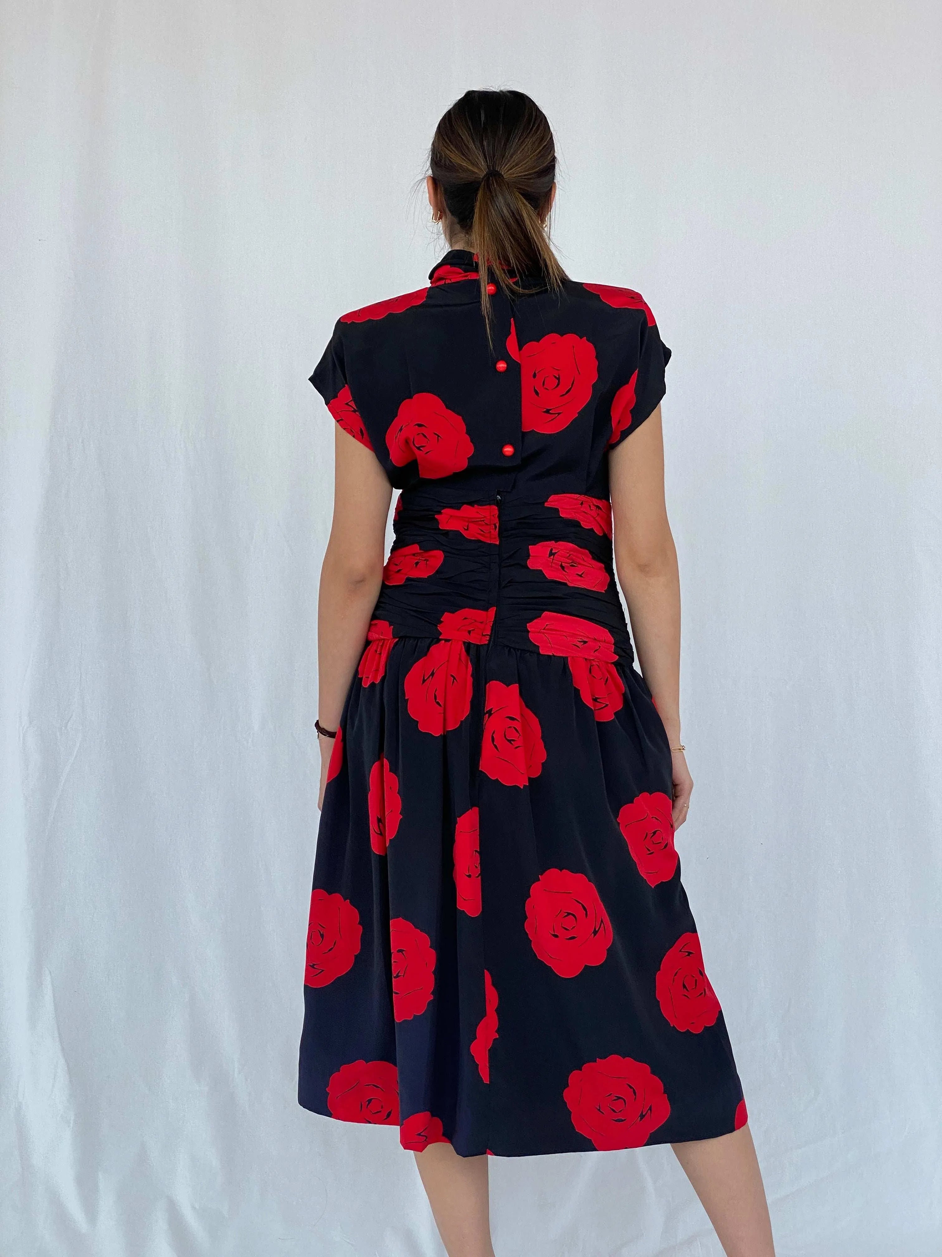 Stunning Vintage 80s Handmade Black Rose Print Midi Party Dress Size M - Balagan Vintage Midi Dress 90s, black dress, Deals, dress, floral dress, formal dress, Juana, midi dress
