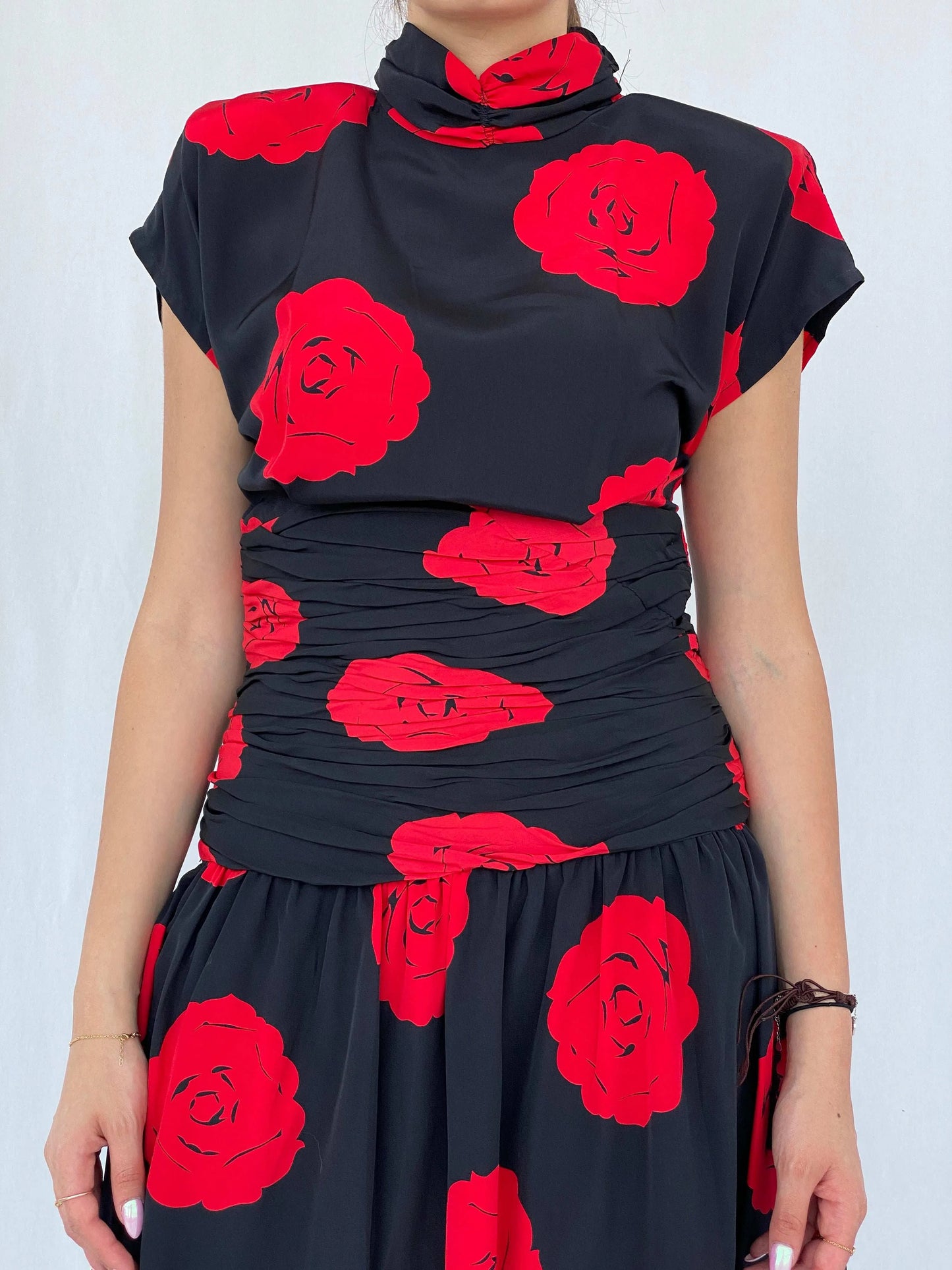 Stunning Vintage 80s Handmade Black Rose Print Midi Party Dress Size M - Balagan Vintage Midi Dress 90s, black dress, Deals, dress, floral dress, formal dress, Juana, midi dress