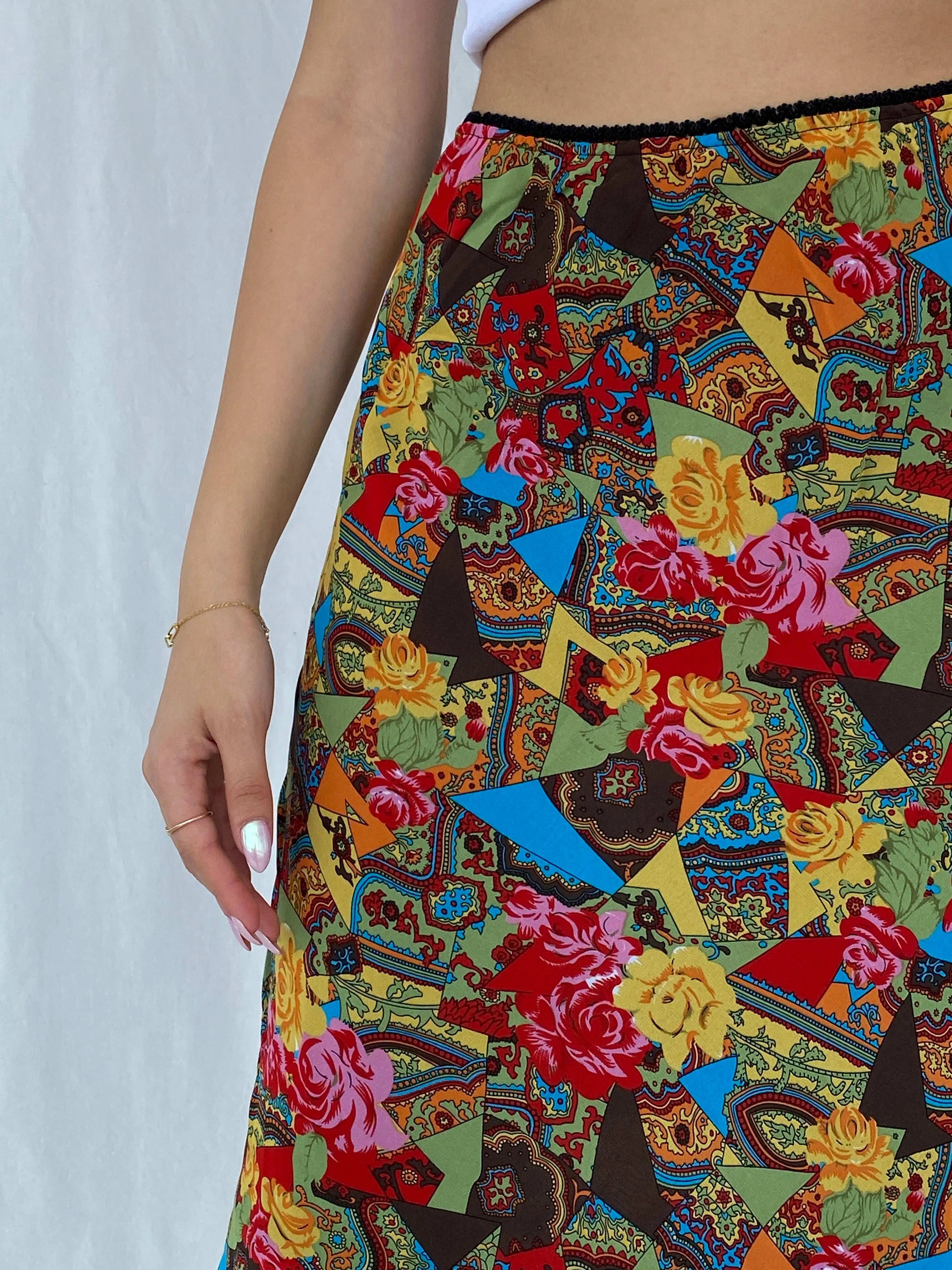 Stunning Vintage 90s Outfit Colorful Floral Midi Skirt Size L - Balagan Vintage Midi Skirt 90s, floral, floral skirt, Juana, midi skirt, women skirt