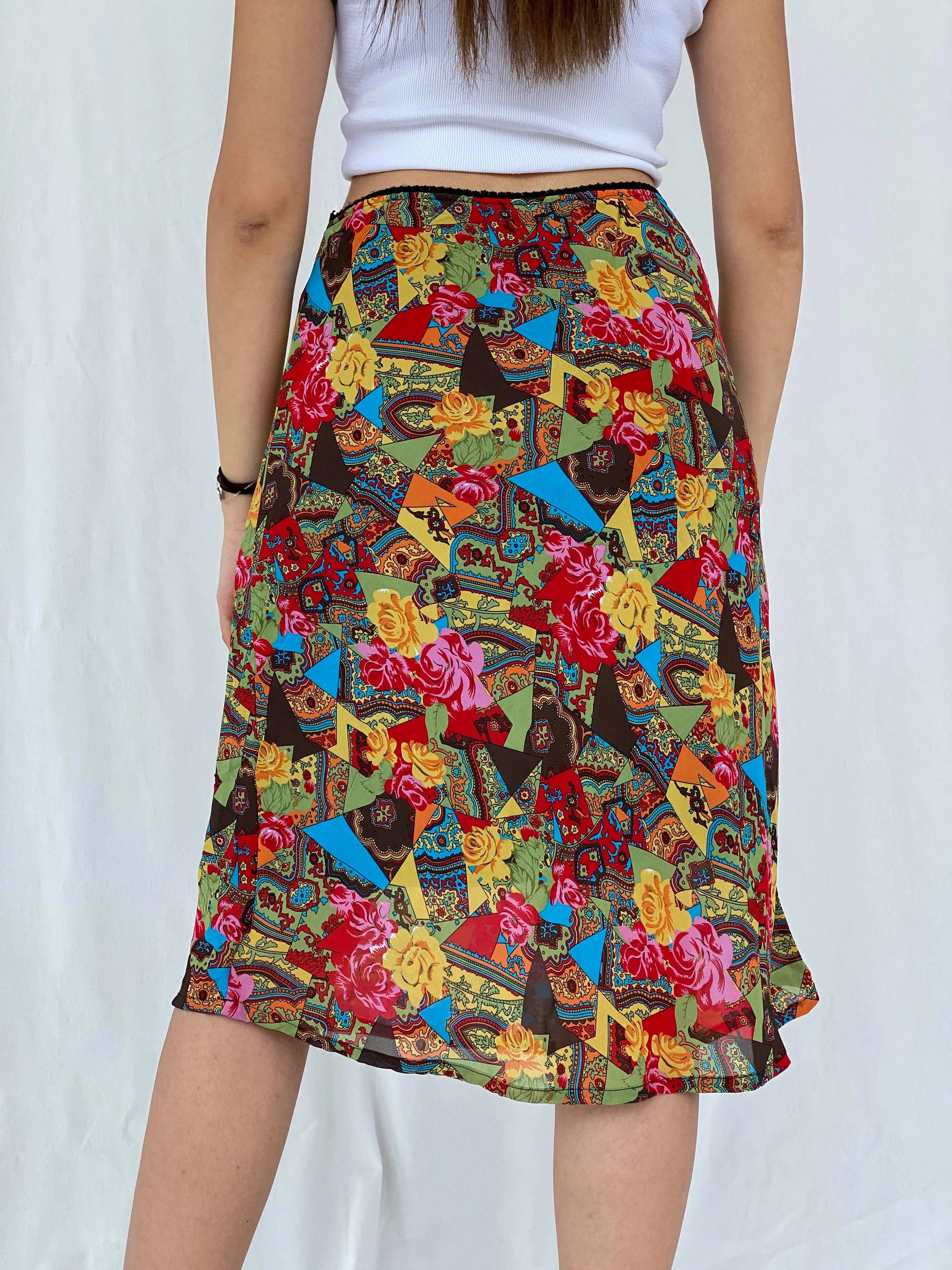 Stunning Vintage 90s Outfit Colorful Floral Midi Skirt Size L - Balagan Vintage Midi Skirt 90s, floral, floral skirt, Juana, midi skirt, women skirt