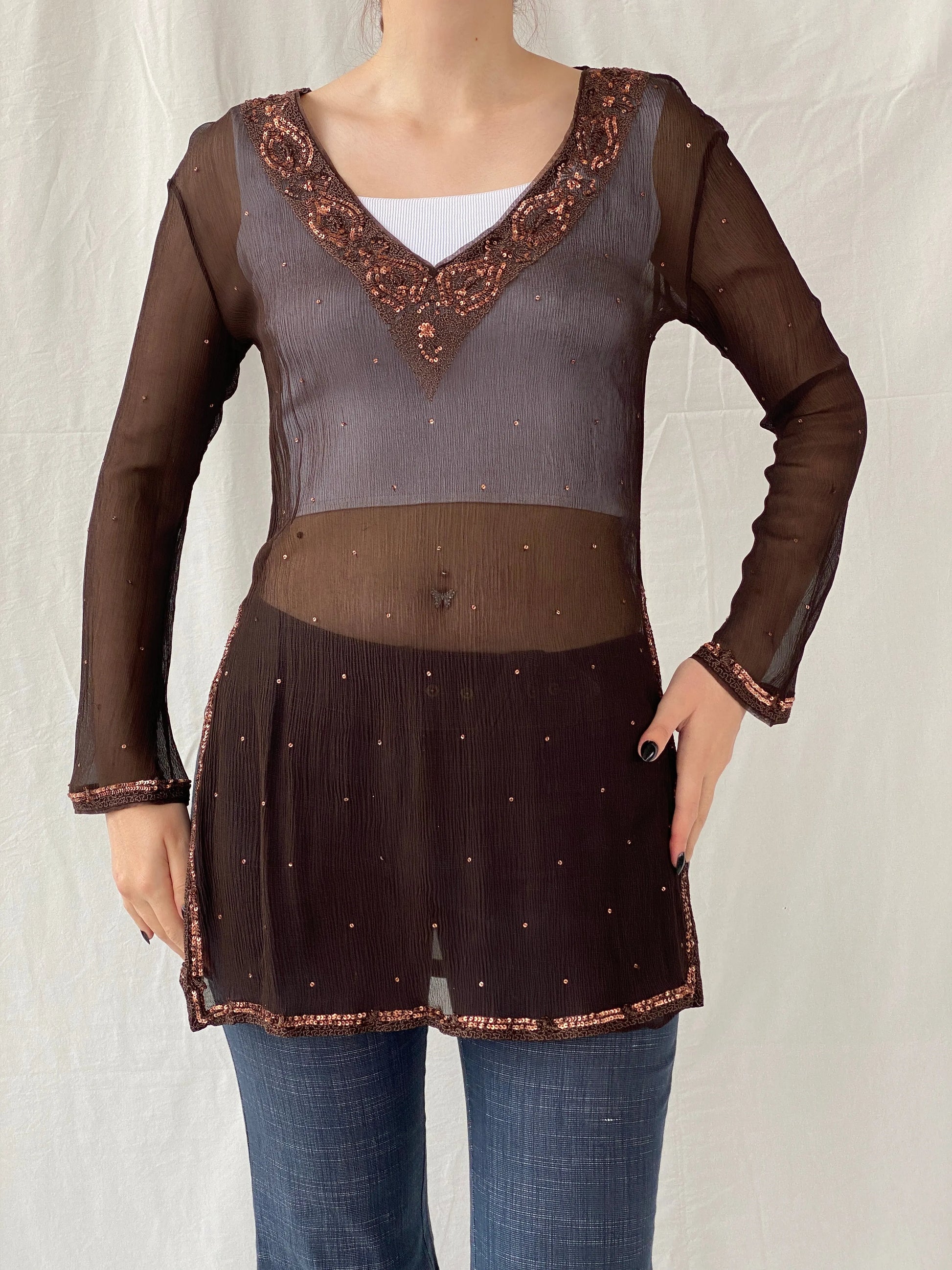 Subtle Luxury Autograph by Marks & Spencer Brown Sheer Silk Sequin Tunic Top Blouse - L - Balagan Vintage Full sleeve Shirt Ayah, full sleeve shirt, sheer, shirt, silk, silk shirt, women shirt