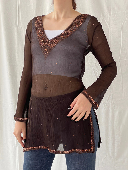 Subtle Luxury Autograph by Marks & Spencer Brown Sheer Silk Sequin Tunic Top Blouse - L - Balagan Vintage Full sleeve Shirt Ayah, full sleeve shirt, sheer, shirt, silk, silk shirt, women shirt