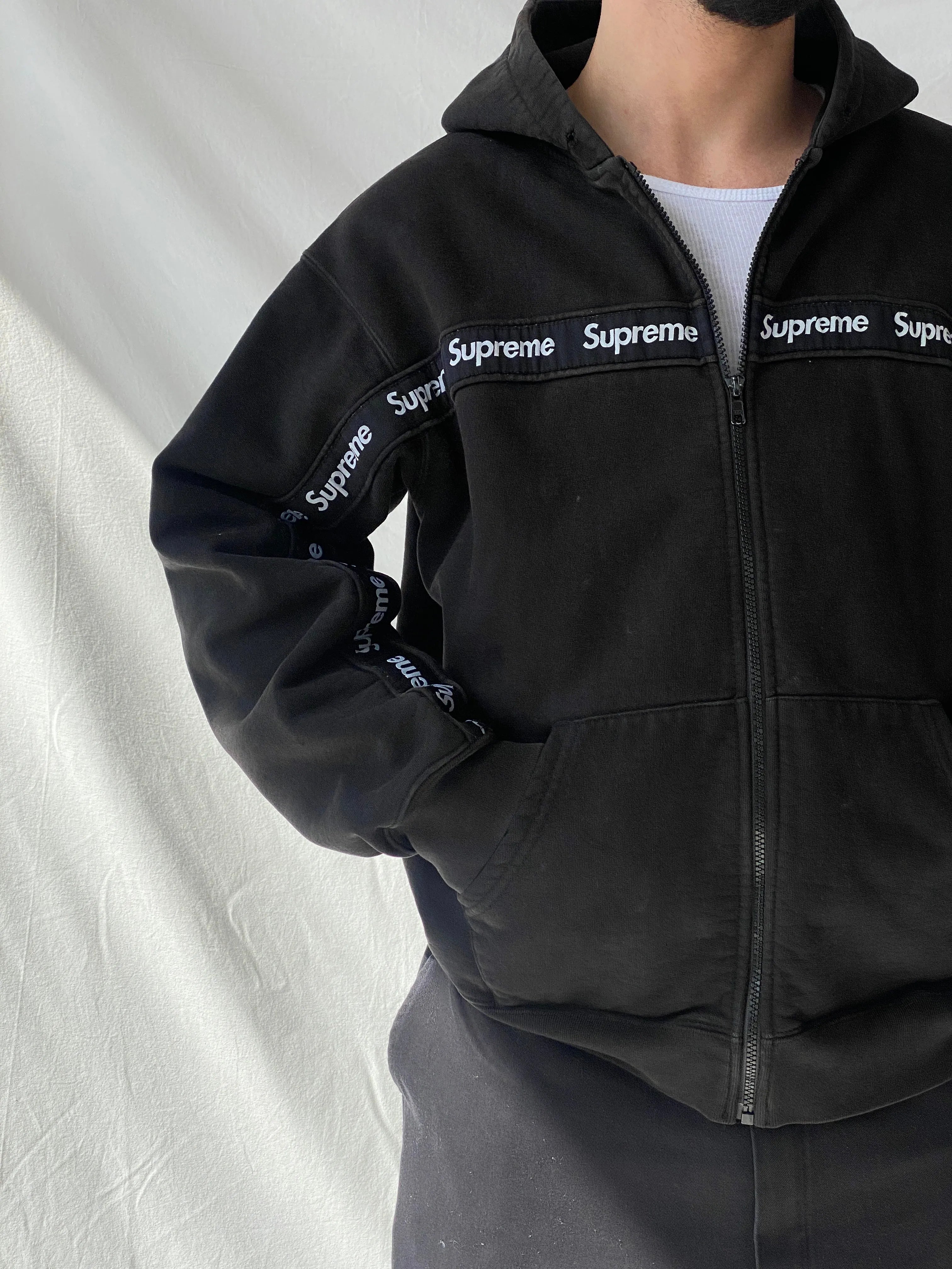 Supreme Text Stripe Zip Up Black Men’s Hooded Jacket - L - Balagan Vintage Sweater 90s, consignment, Hamza, knit, knitted, knitted sweater, men, streetwear, vintage, vintage sweater, winter