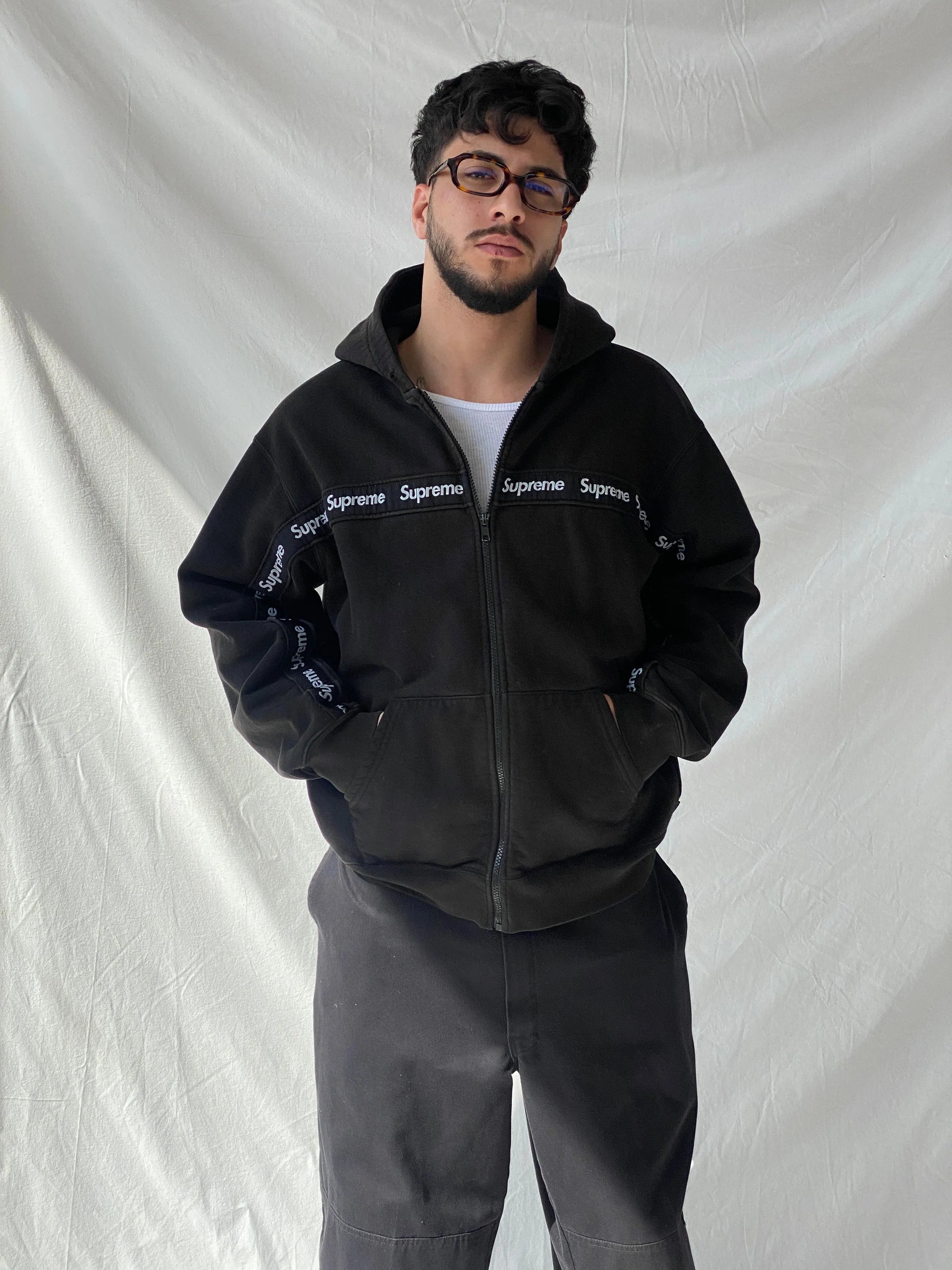 Supreme Text Stripe Zip Up Black Men’s Hooded Jacket - L - Balagan Vintage Sweater 90s, consignment, Hamza, knit, knitted, knitted sweater, men, streetwear, vintage, vintage sweater, winter