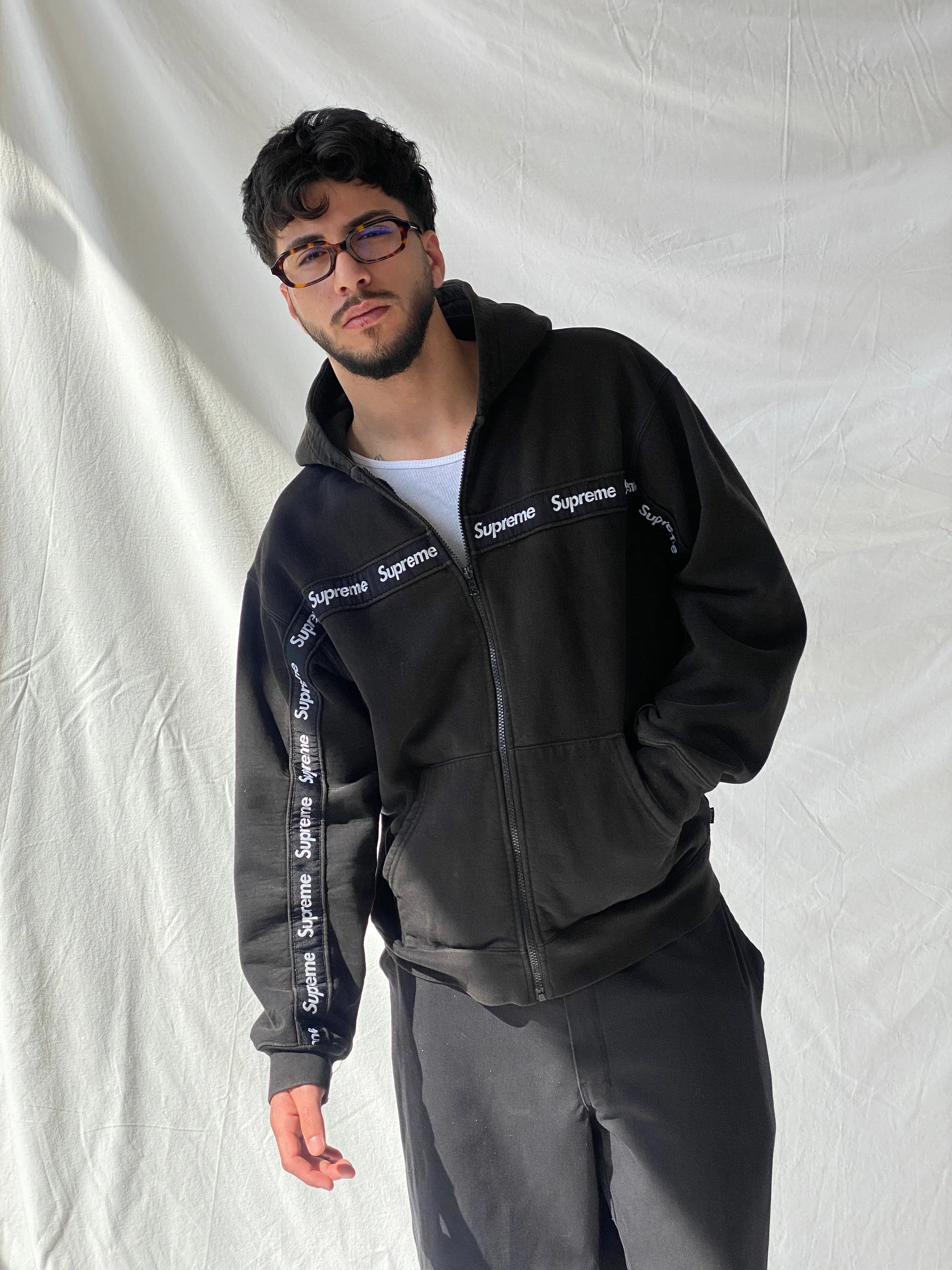 Supreme Text Stripe Zip Up Black Men’s Hooded Jacket - L - Balagan Vintage Sweater 90s, consignment, Hamza, knit, knitted, knitted sweater, men, streetwear, vintage, vintage sweater, winter