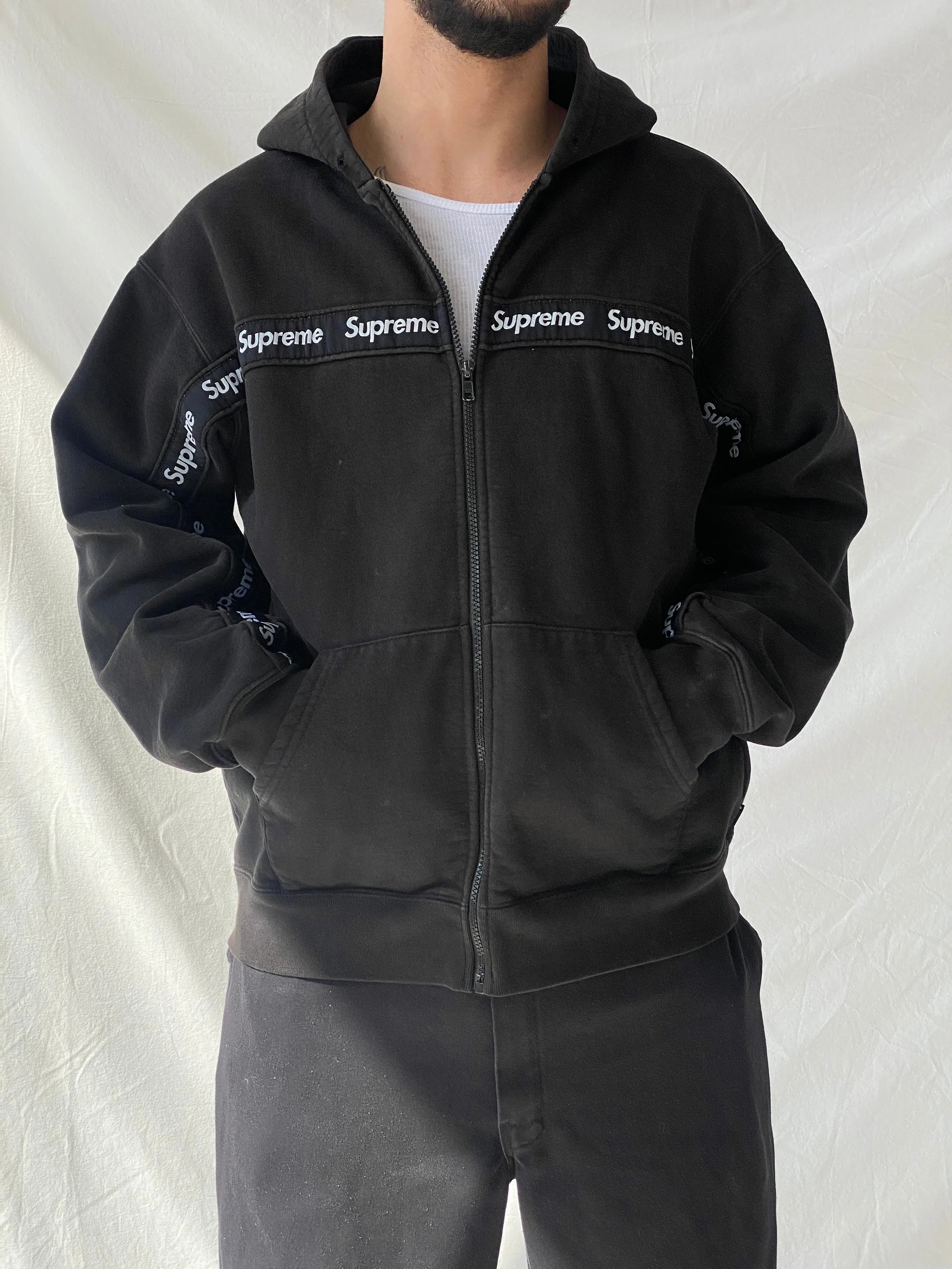 Supreme Text Stripe Zip Up Black Men’s Hooded Jacket - L - Balagan Vintage Sweater 90s, consignment, Hamza, knit, knitted, knitted sweater, men, streetwear, vintage, vintage sweater, winter