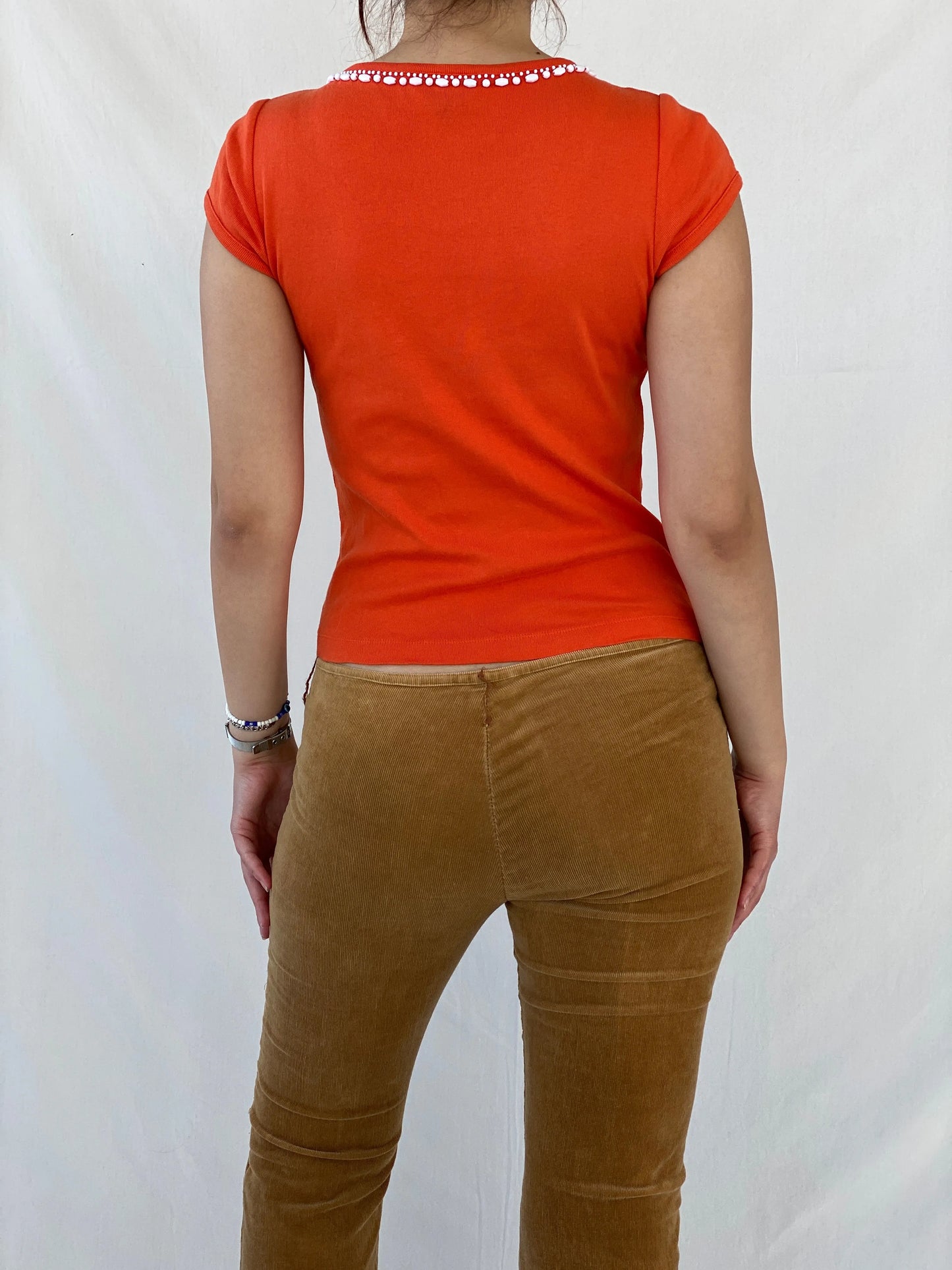 TALBOTS Women’s Beaded Collar Orange Cotton Top - S - Balagan Vintage Half Sleeve Top Ayah, beaded, women top