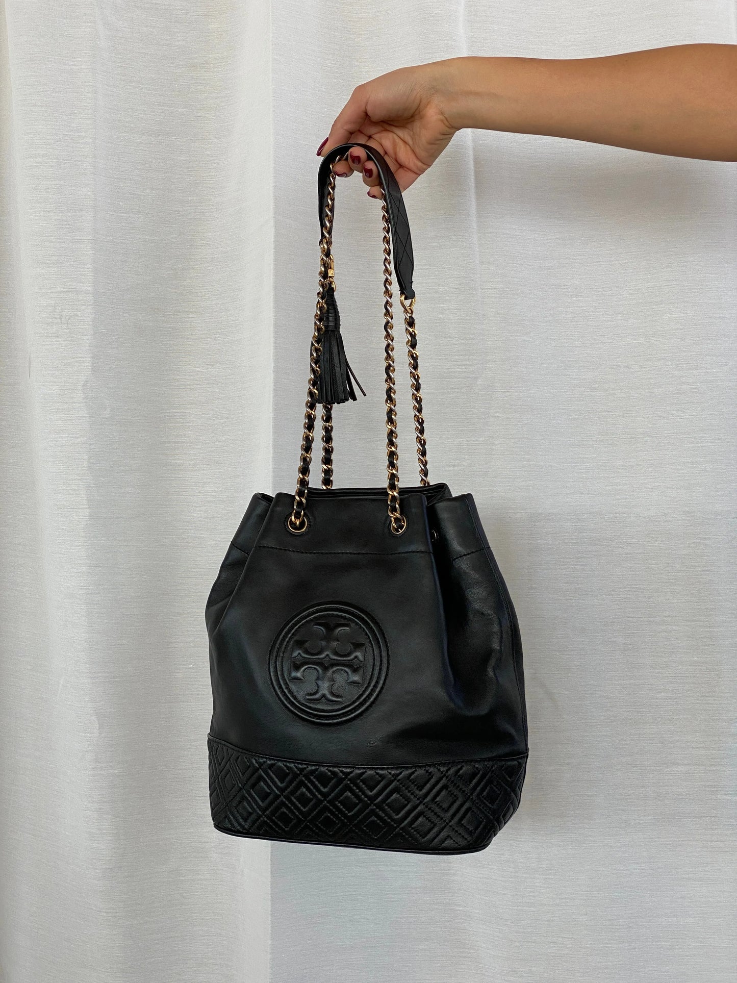 Tory Burch Black Leather Fleming Mini Bucket Chain Shoulder Bag - Balagan Vintage Clutch 00s, bag, consignment, handbag, Janan, rare find