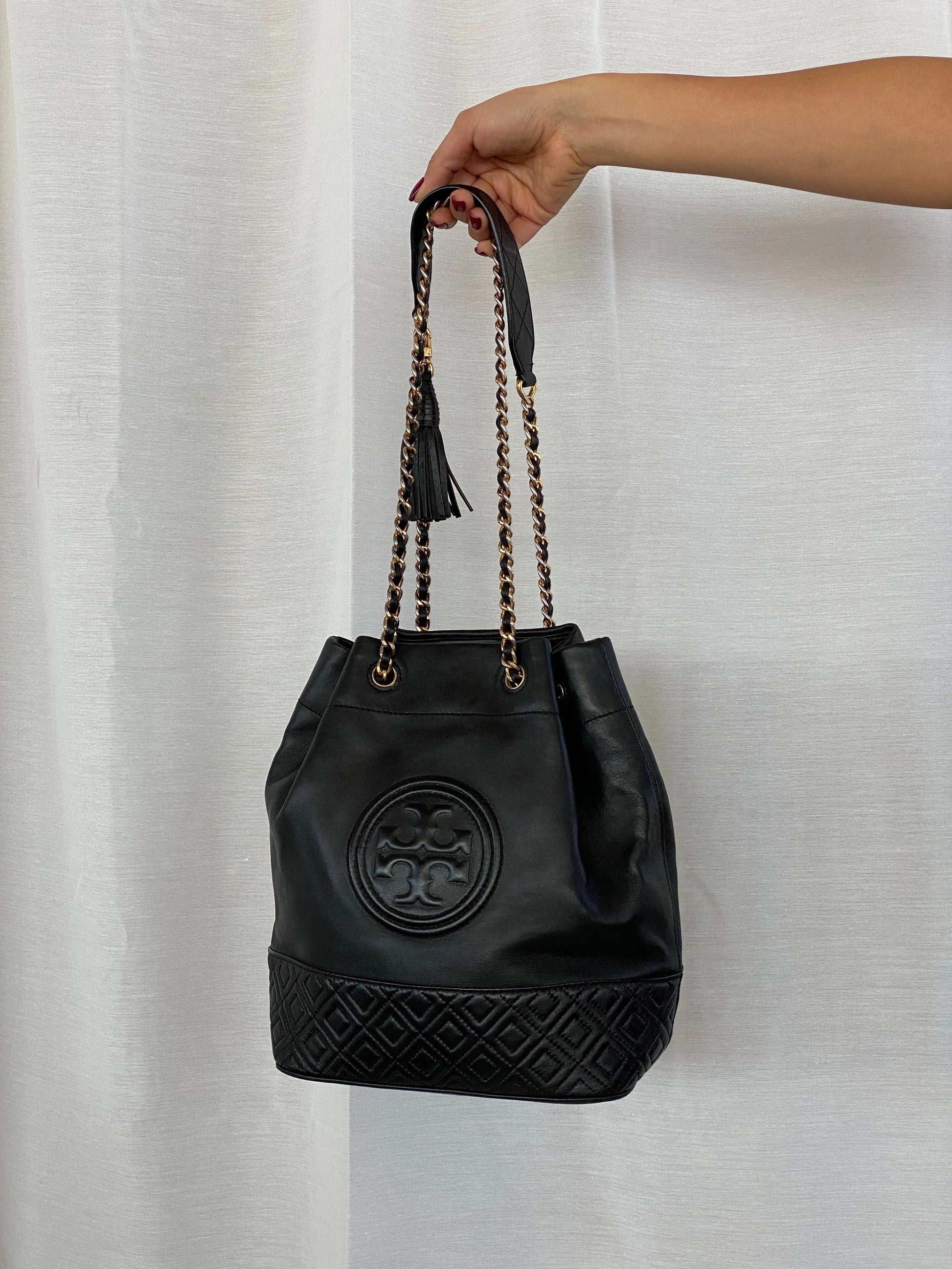 Tory Burch Black Leather Fleming Mini Bucket Chain Shoulder Bag - Balagan Vintage Clutch 00s, bag, consignment, handbag, Janan, rare find