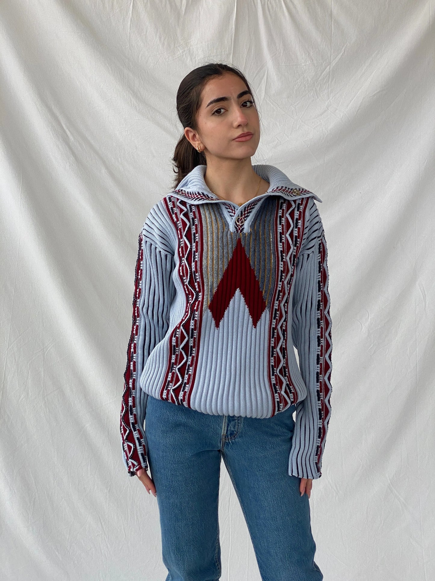 Two-tone Knitted Blue Women’s Heavy Jumper - M - Balagan Vintage Sweater 90s, Christine, knitted sweater, Top, winter, women top