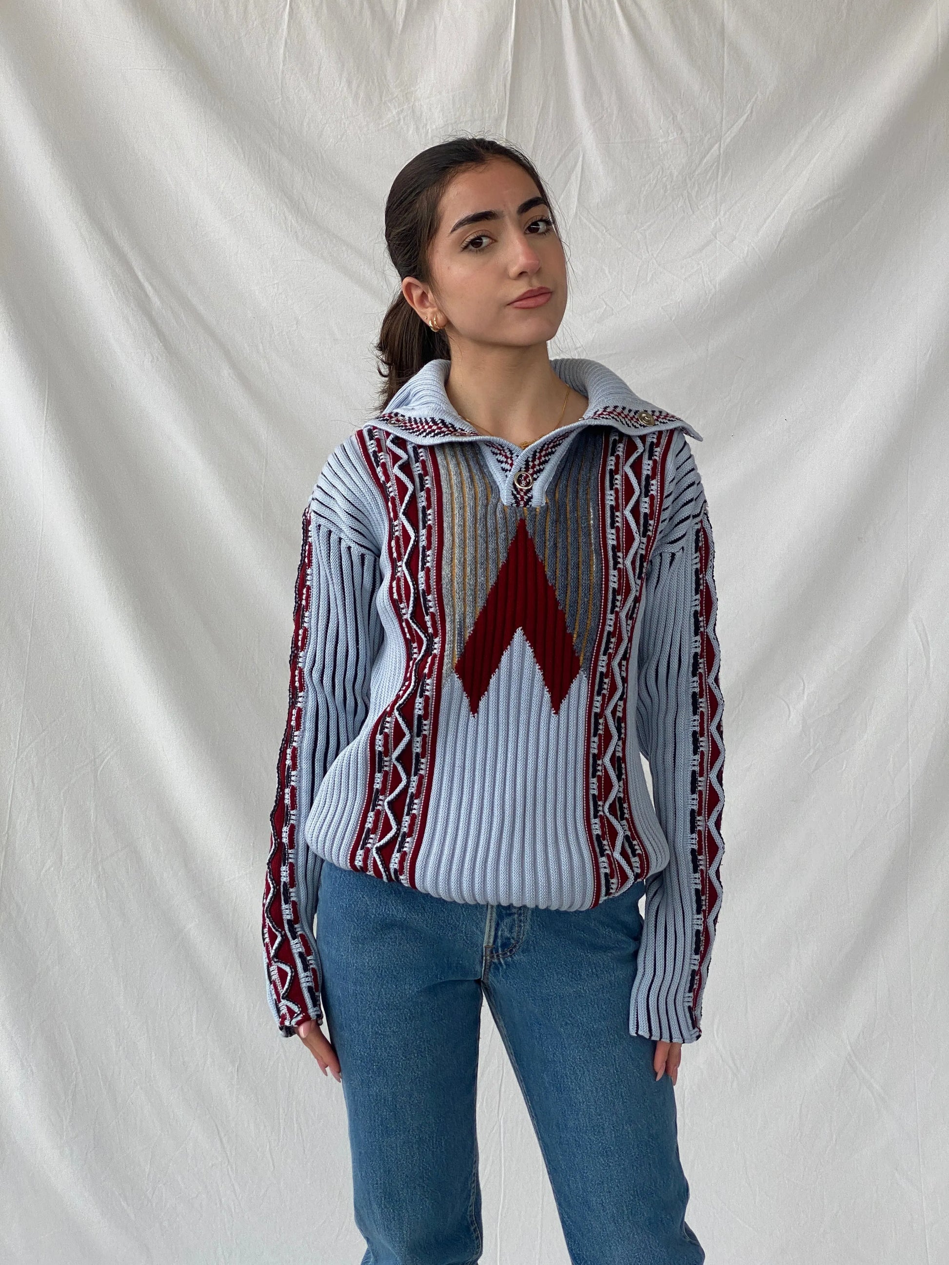 Two-tone Knitted Blue Women’s Heavy Jumper - M - Balagan Vintage Sweater 90s, Christine, knitted sweater, Top, winter, women top