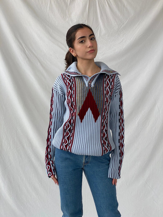 Two-tone Knitted Blue Women’s Heavy Jumper - M - Balagan Vintage Sweater 90s, Christine, knitted sweater, Top, winter, women top