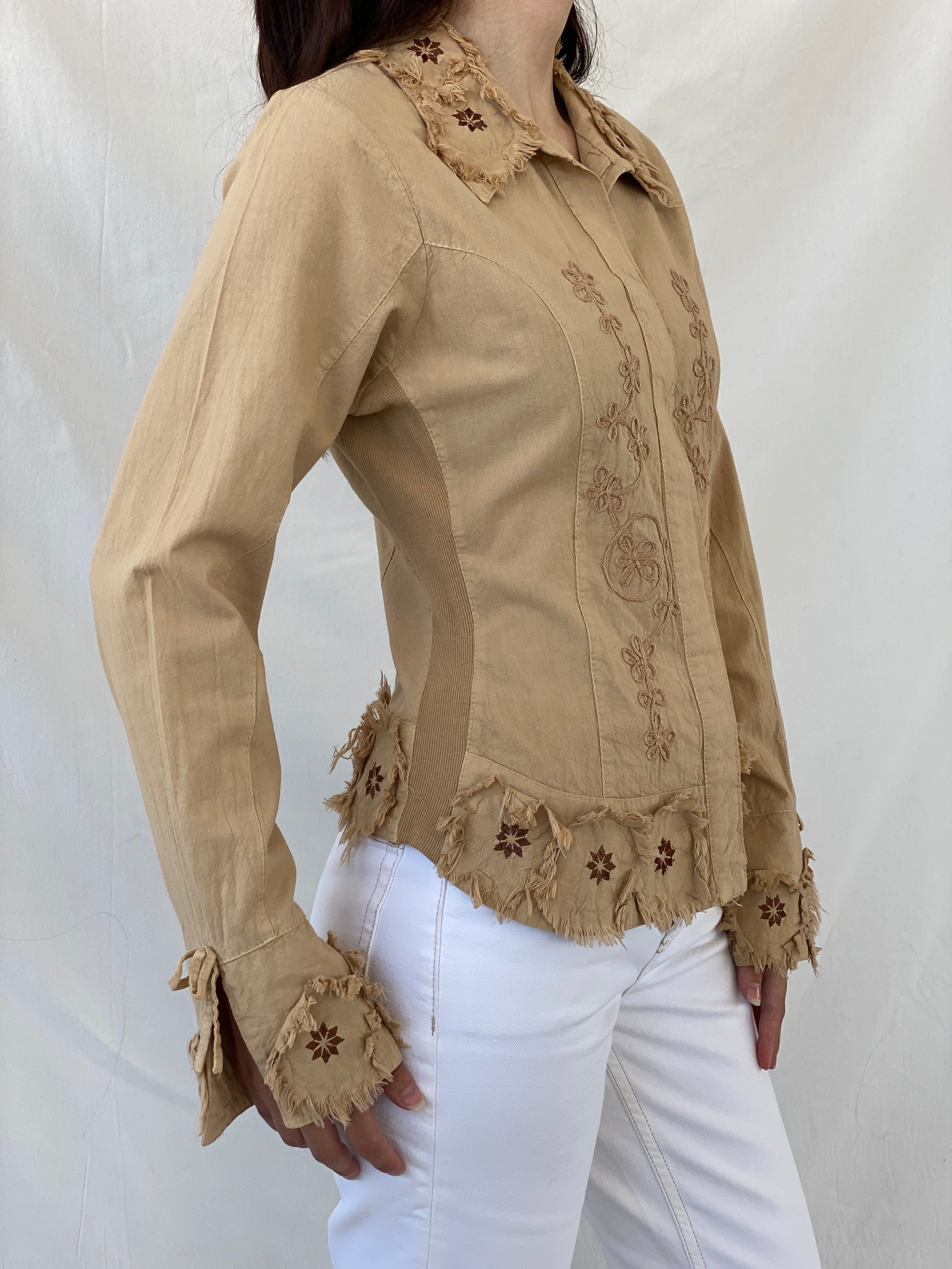 Unique Vintage Western Beige Floral Embroidered Frayed Patches Long Sleeve Button Up Women’s Shirt - M - Balagan Vintage Full Sleeve Shirt 00s, Ayah, full sleeve shirt, NEW IN, summer