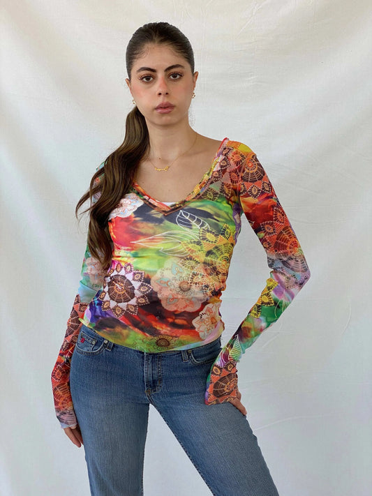 United Colors of Benetton Floral Graphic Mesh Full Sleeve Top - S - Balagan Vintage Mesh Top Deals, floral mesh, full sleeve top, mesh, mesh top, Mira