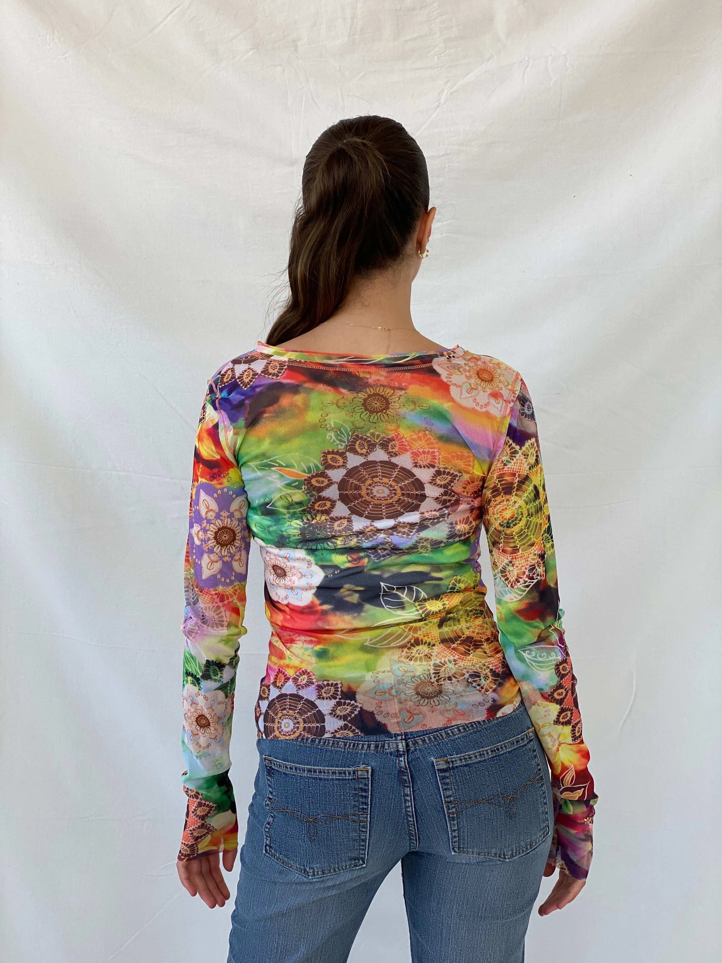 United Colors of Benetton Floral Graphic Mesh Full Sleeve Top - S - Balagan Vintage Mesh Top floral mesh, full sleeve top, mesh, mesh top, Mira