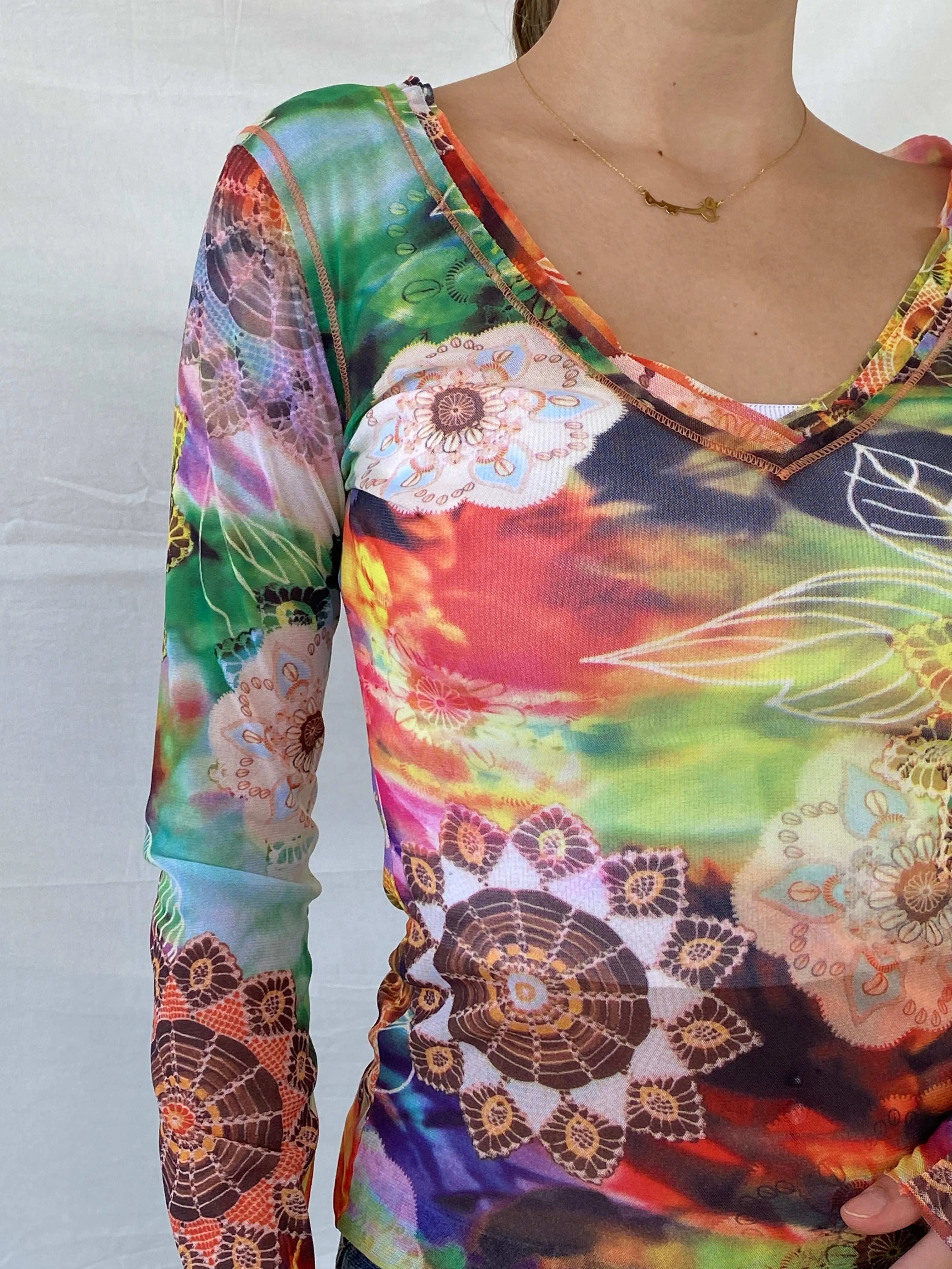 United Colors of Benetton Floral Graphic Mesh Full Sleeve Top - S - Balagan Vintage Mesh Top floral mesh, full sleeve top, mesh, mesh top, Mira