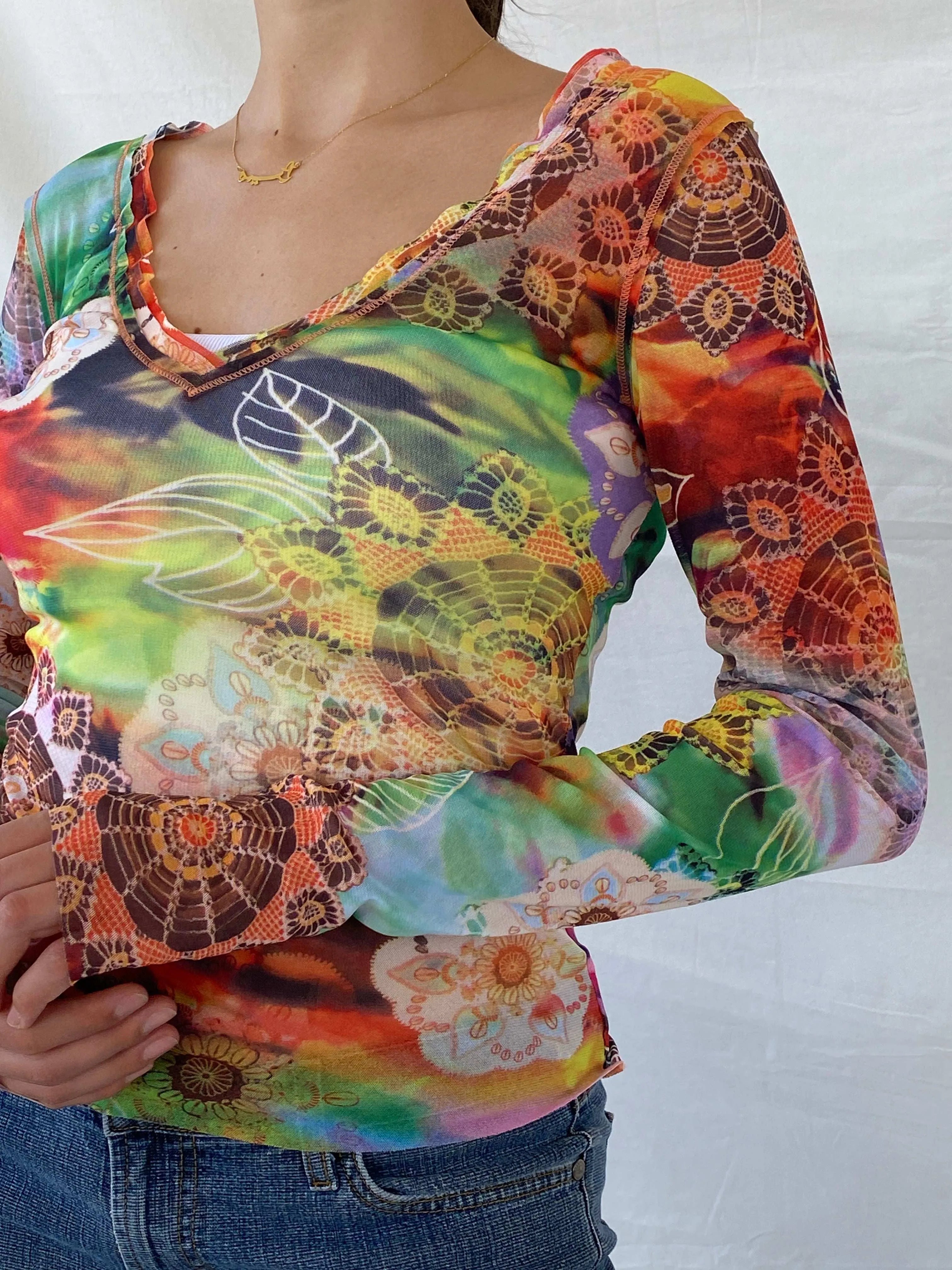 United Colors of Benetton Floral Graphic Mesh Full Sleeve Top - S - Balagan Vintage Mesh Top floral mesh, full sleeve top, mesh, mesh top, Mira