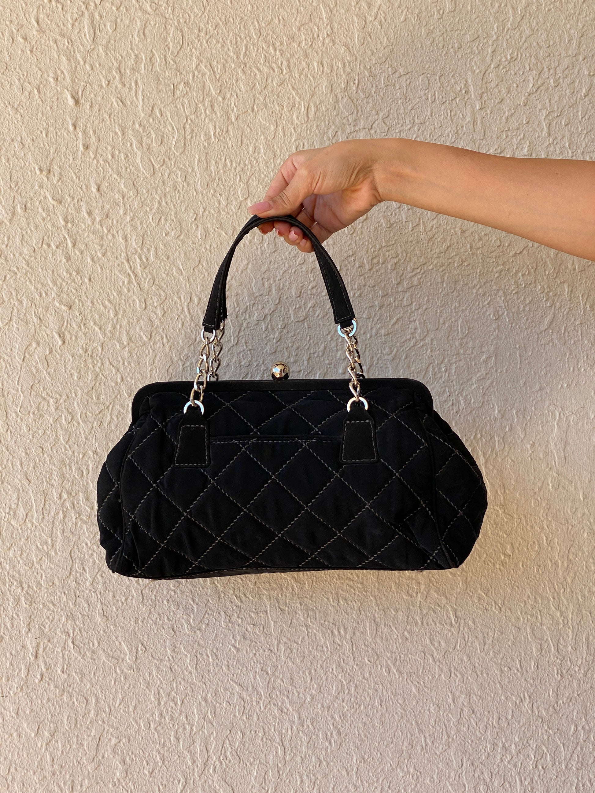 Vera Bradley Black Quilted Purse Microfiber Handbag Silver Chain Handle Frame Ball Lock - Balagan Vintage Shoulder Bag bag, handbag, NEW IN, shoulder bag, Y2K
