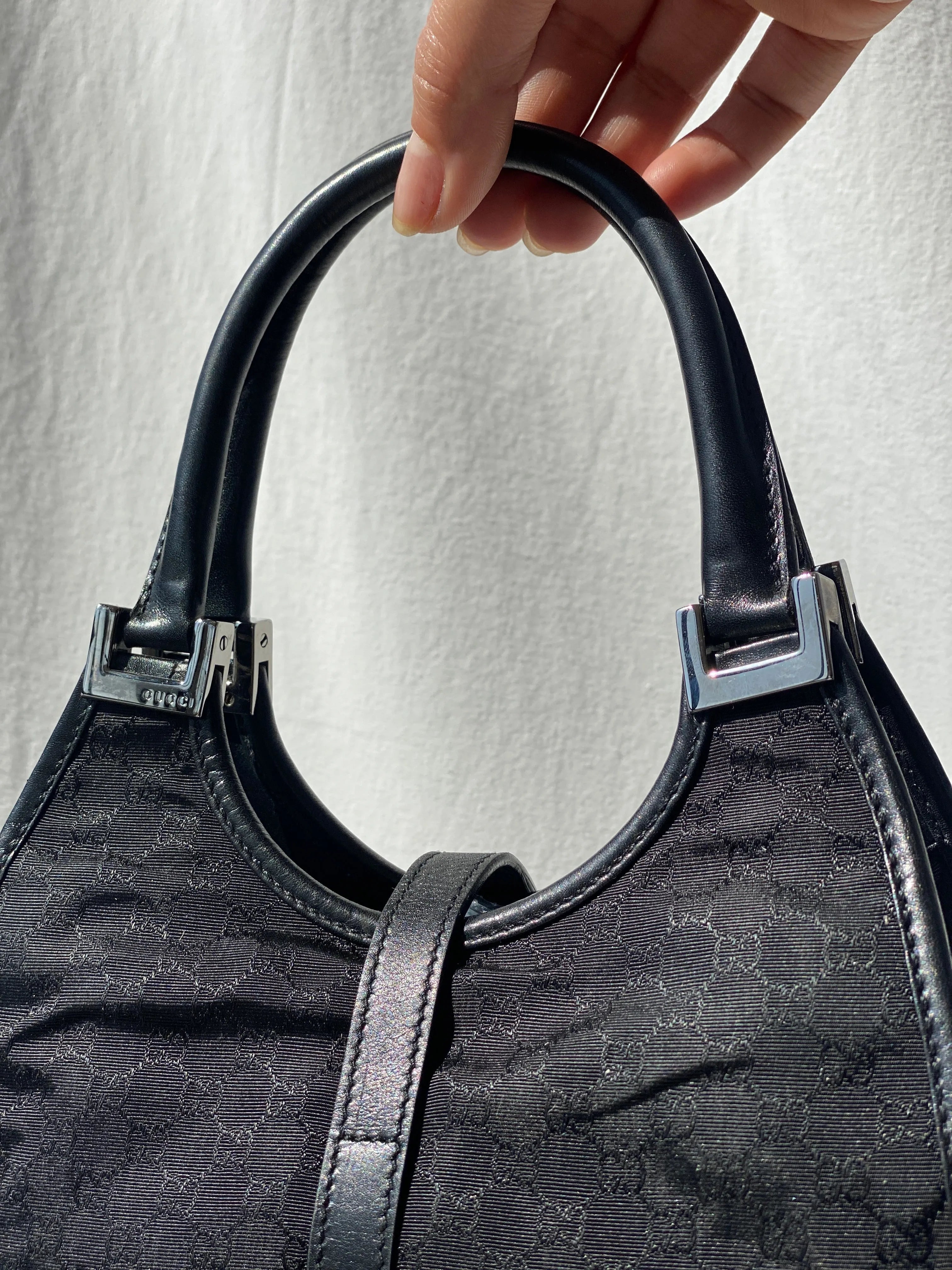 Vintage 00s Gucci Jackie Bardot Black Leather Monogram GG Canvas Mini Handbag - Balagan Vintage Handbags 90s, bag, brown leather, genuine leather, Gucci, rare find, rare vintage