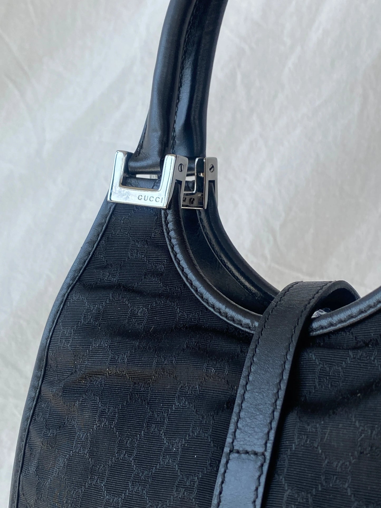 Vintage 00s Gucci Jackie Bardot Black Leather Monogram GG Canvas Mini Handbag - Balagan Vintage Handbags 90s, bag, brown leather, genuine leather, Gucci, rare find, rare vintage