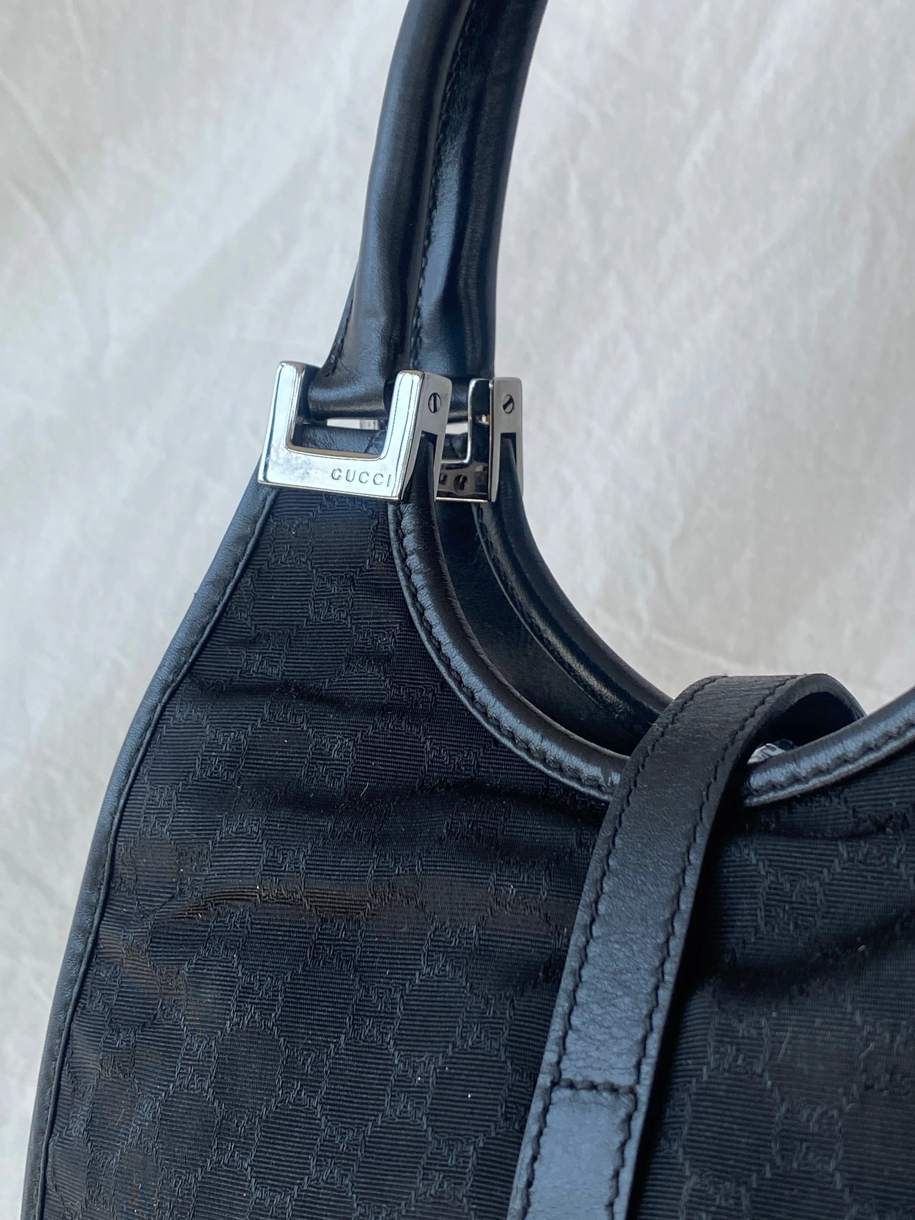 Vintage 00s Gucci Jackie Bardot Black Leather Monogram GG Canvas Mini Handbag - Balagan Vintage Handbags 90s, bag, brown leather, genuine leather, Gucci, rare find, rare vintage