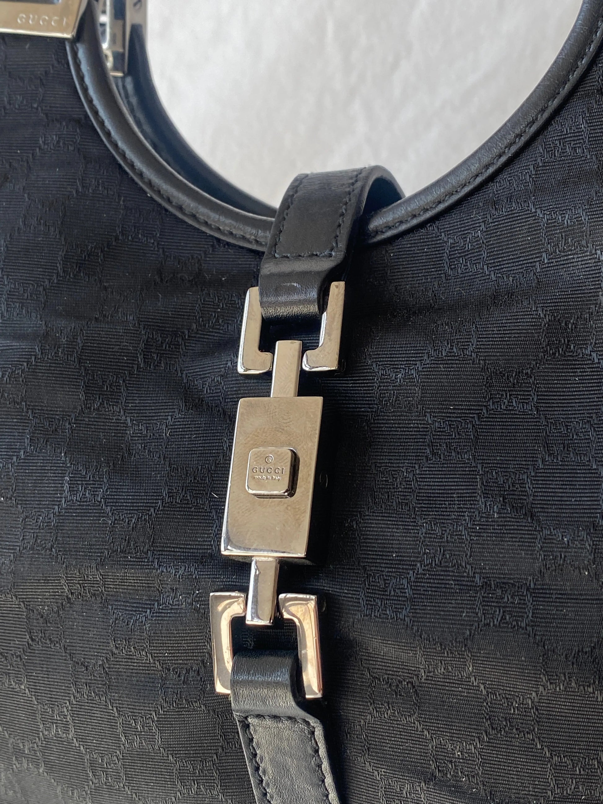 Vintage 00s Gucci Jackie Bardot Black Leather Monogram GG Canvas Mini Handbag - Balagan Vintage Handbags 90s, bag, brown leather, genuine leather, Gucci, rare find, rare vintage