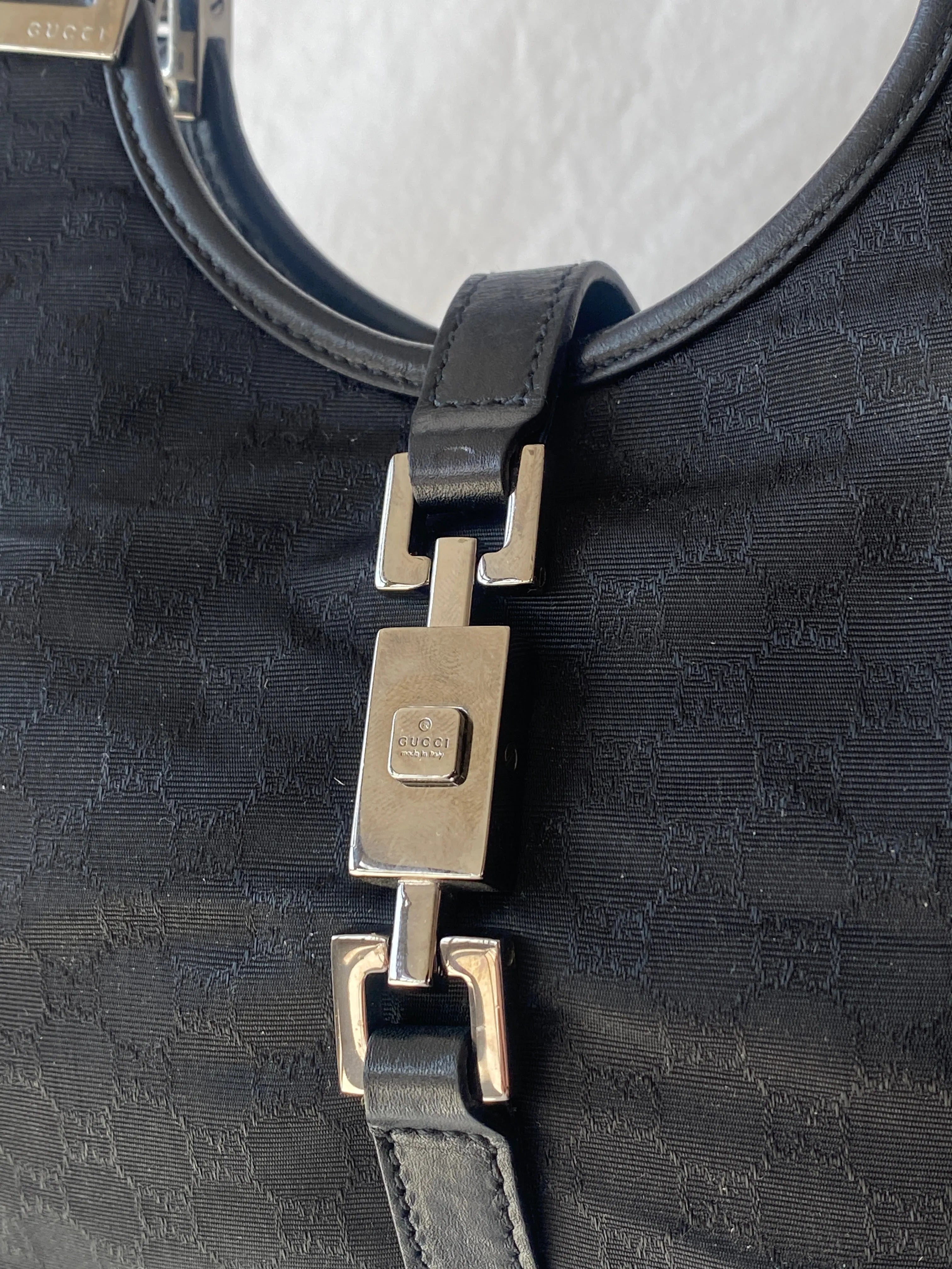 Vintage 00s Gucci Jackie Bardot Black Leather Monogram GG Canvas Mini Handbag - Balagan Vintage Handbags 90s, bag, brown leather, genuine leather, Gucci, rare find, rare vintage