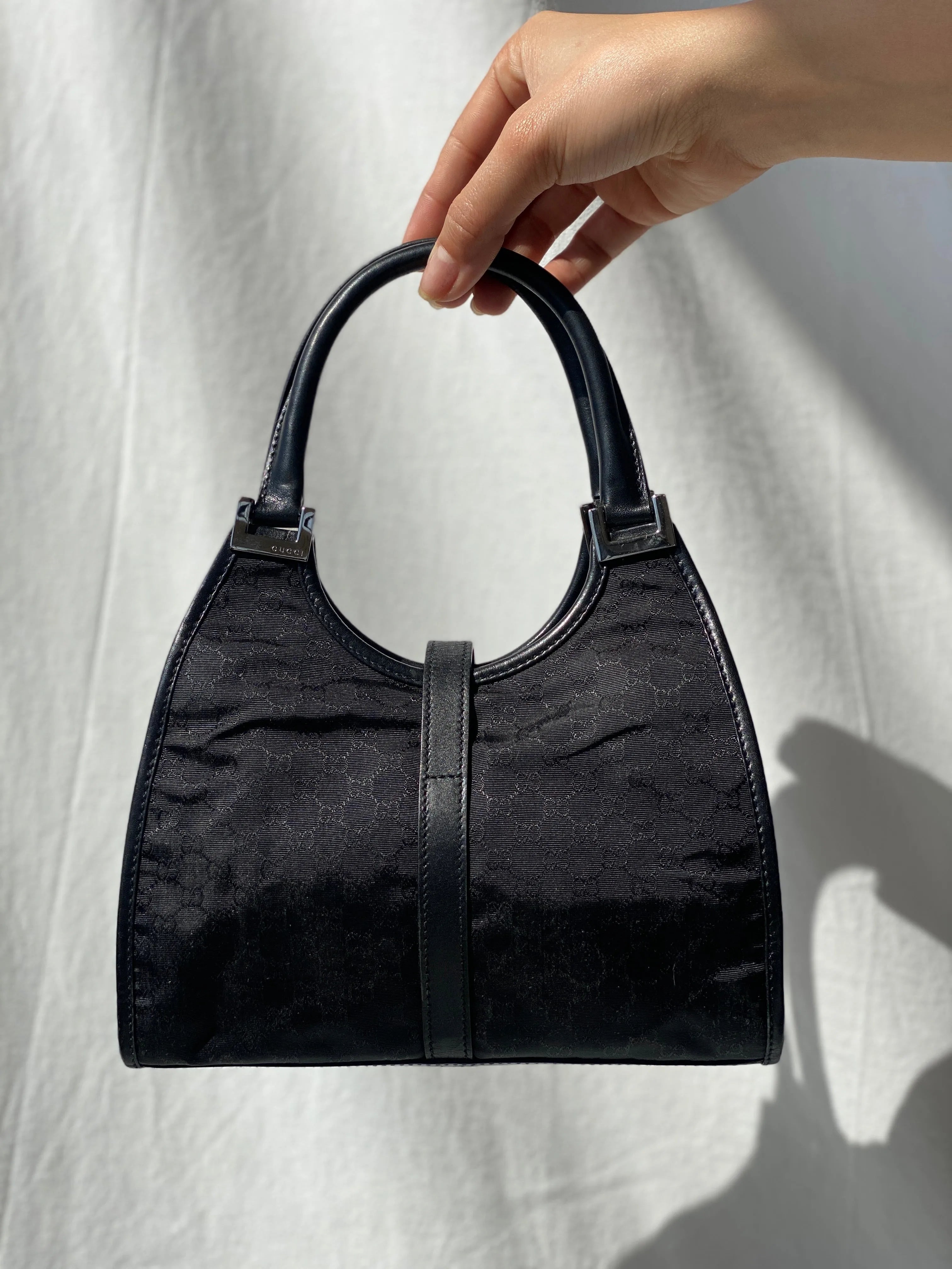 Vintage 00s Gucci Jackie Bardot Black Leather Monogram GG Canvas Mini Handbag - Balagan Vintage Handbags 90s, bag, brown leather, genuine leather, Gucci, rare find, rare vintage