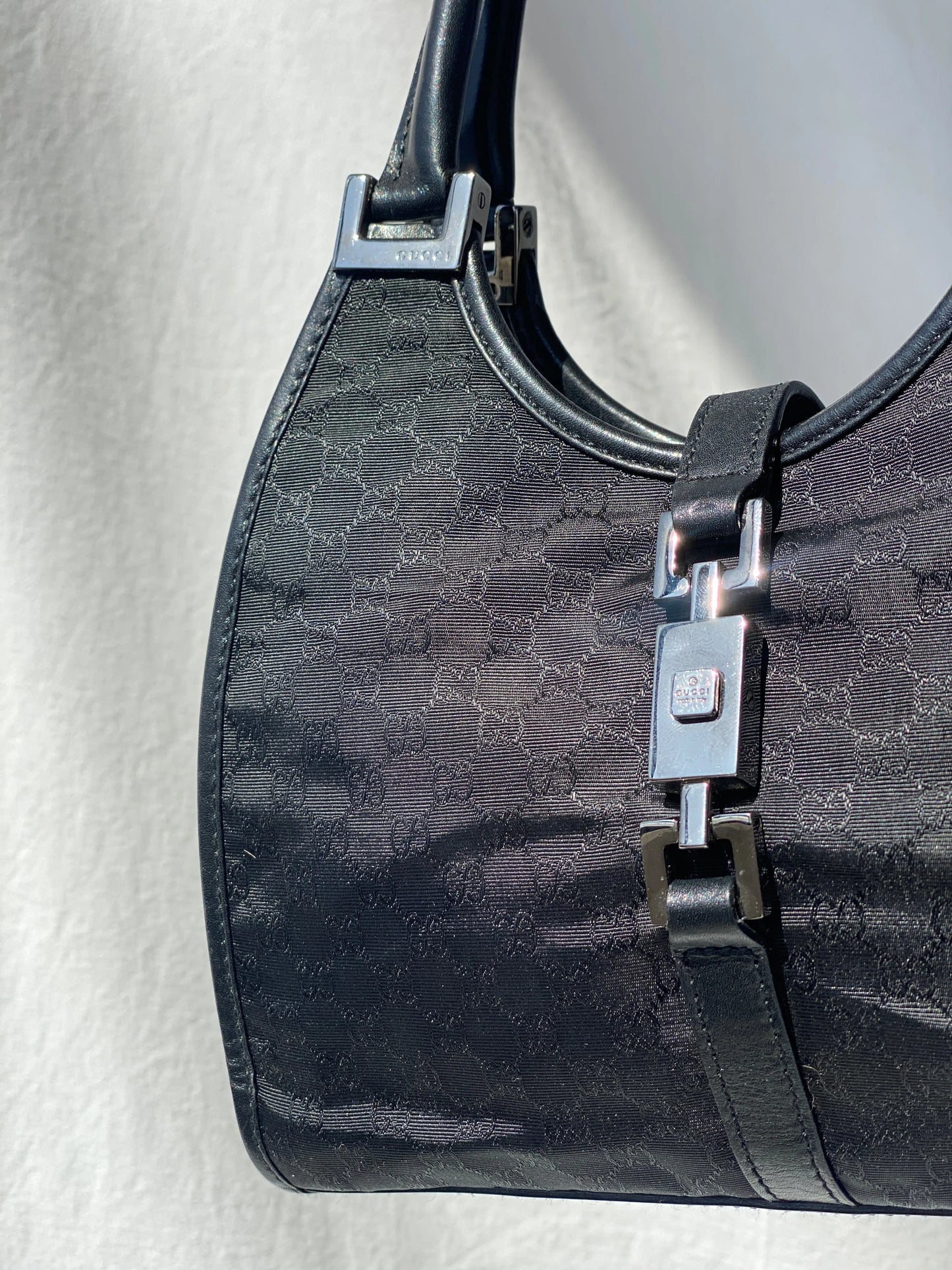 Vintage 00s Gucci Jackie Bardot Black Leather Monogram GG Canvas Mini Handbag - Balagan Vintage Handbags 90s, bag, brown leather, genuine leather, Gucci, rare find, rare vintage