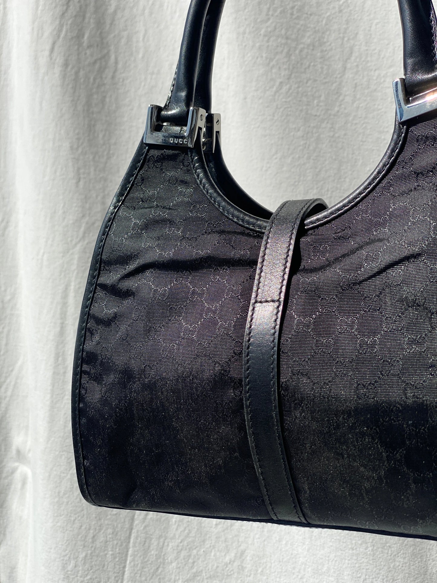 Vintage 00s Gucci Jackie Bardot Black Leather Monogram GG Canvas Mini Handbag - Balagan Vintage Handbags 90s, bag, brown leather, genuine leather, Gucci, rare find, rare vintage