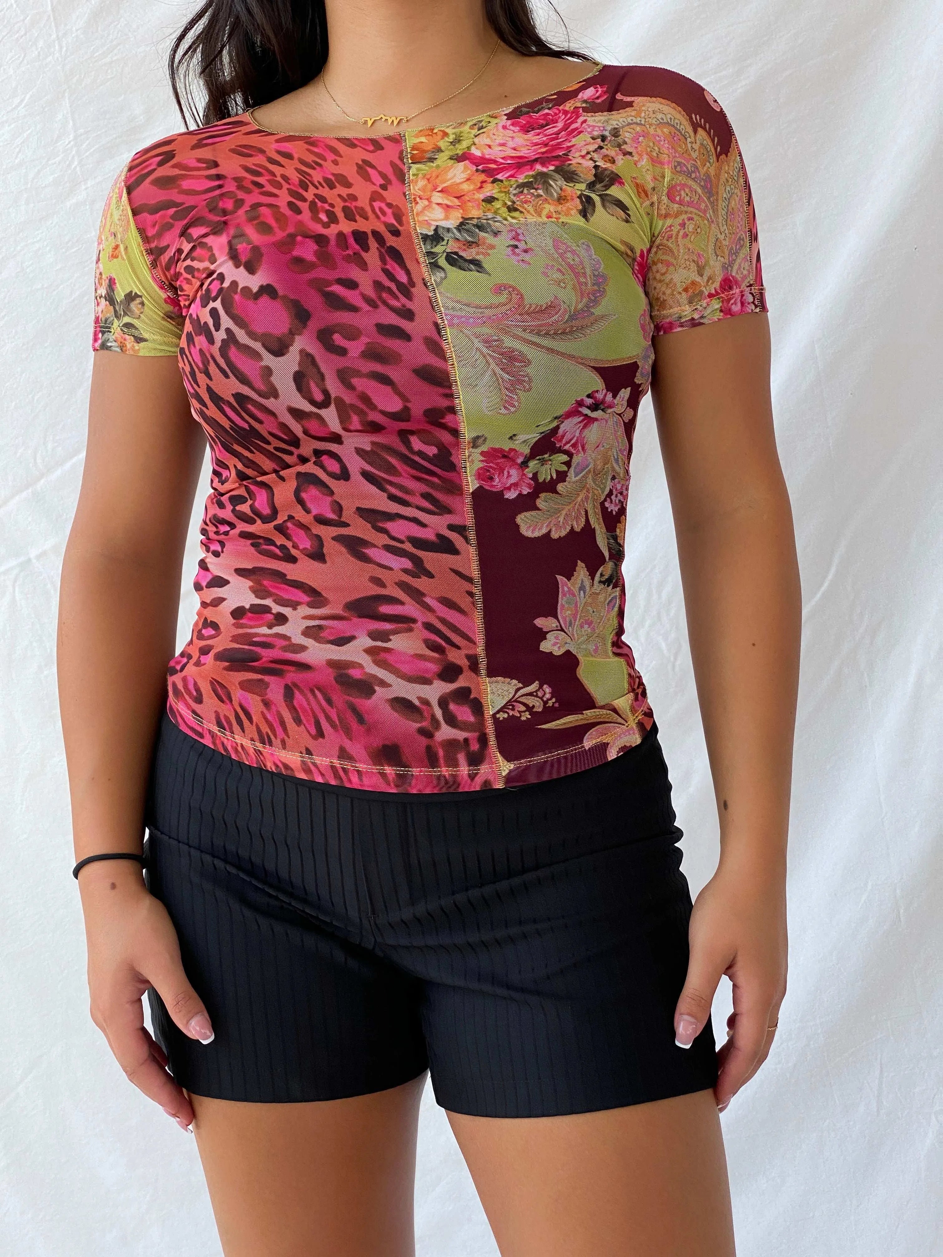 Vintage 00s Latina Maillot Printed Mesh Top - M - Balagan Vintage Half Sleeve Top 00s, floral top, Lana, mesh top, summer
