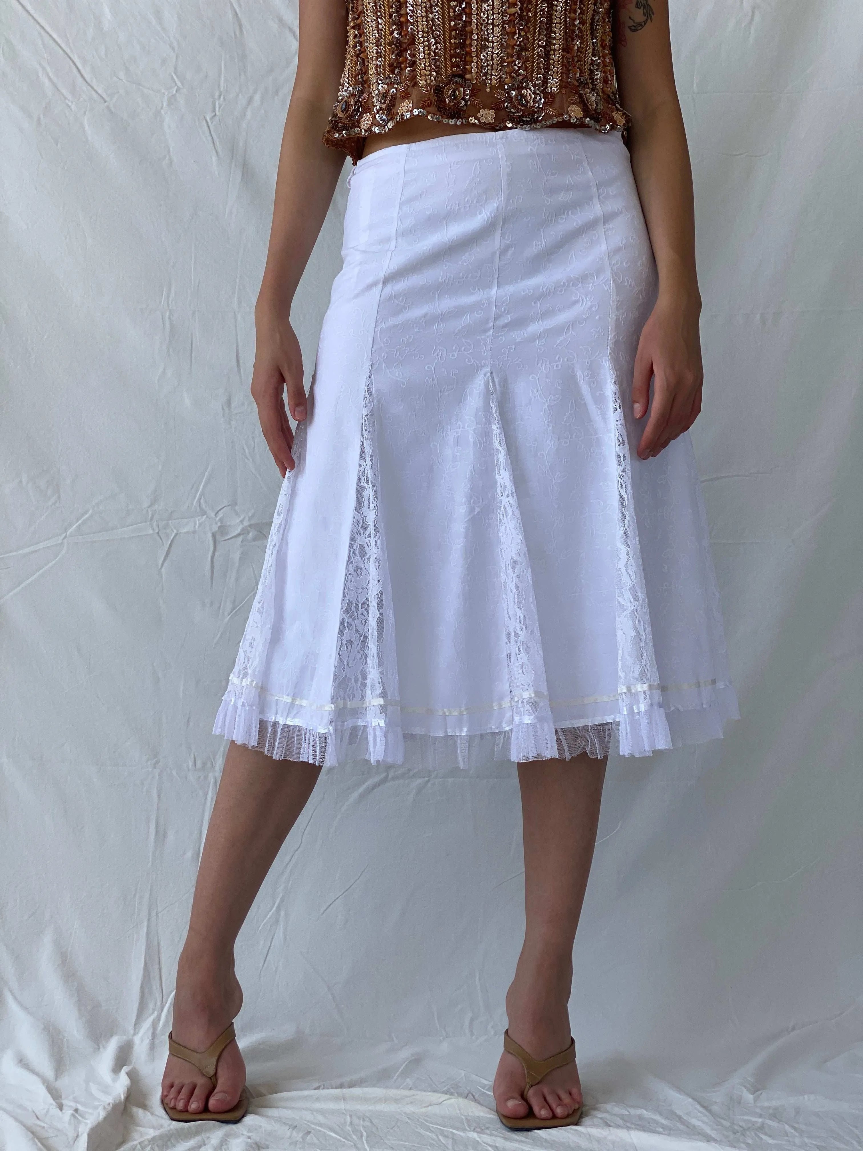 Vintage 00s Olabi Fashion Lace Blend White Midi Skirt - M - Balagan Vintage Midi Skirt 90s, floral skirt, midi skirt, Mira