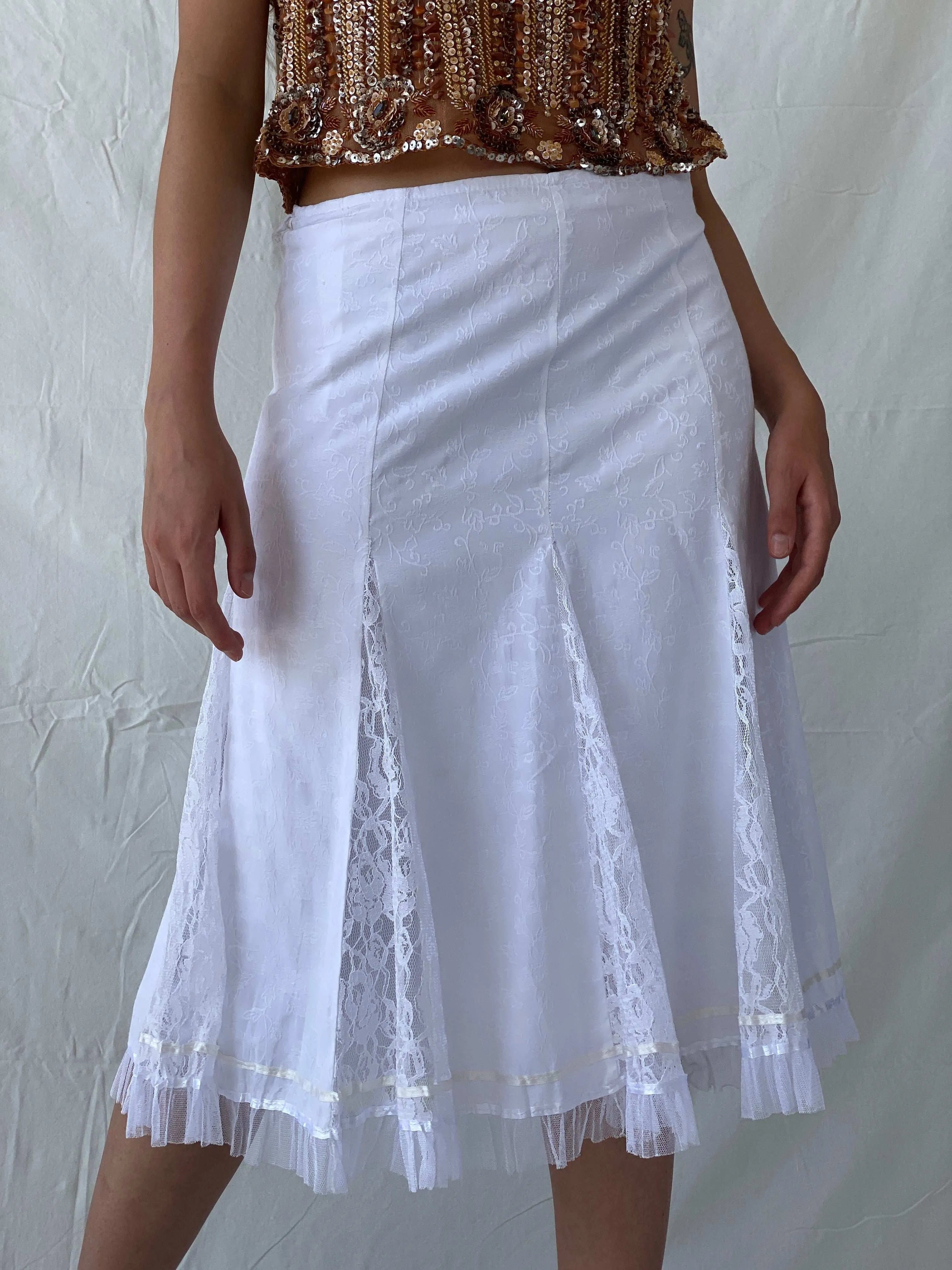 Vintage 00s Olabi Fashion Lace Blend White Midi Skirt - M - Balagan Vintage Midi Skirt 90s, floral skirt, midi skirt, Mira