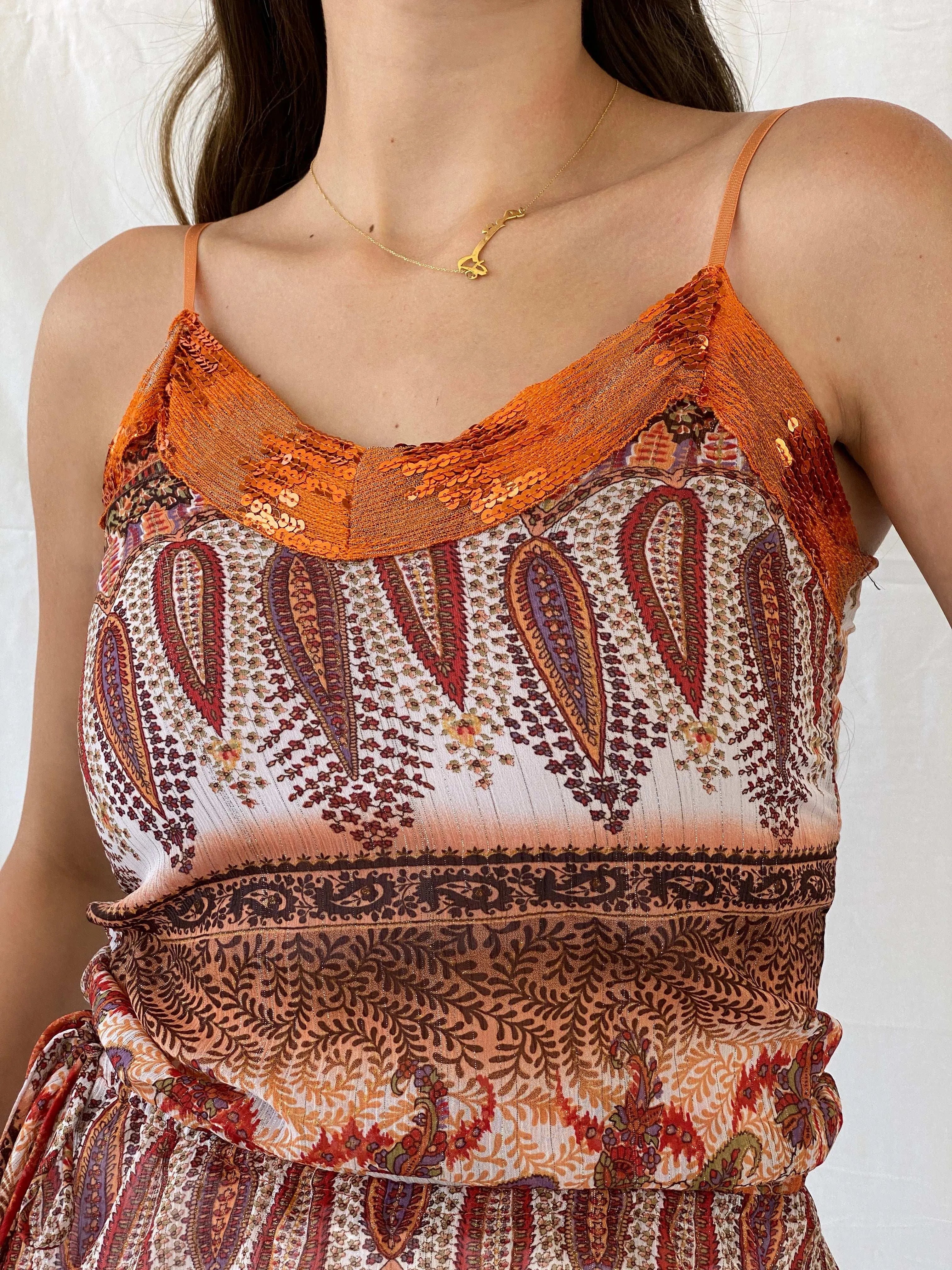 Vintage 00s Vanity Orange Paisley Print Top With Sequins Details - S - Balagan Vintage Cami 00s, Cami, Mira, women top