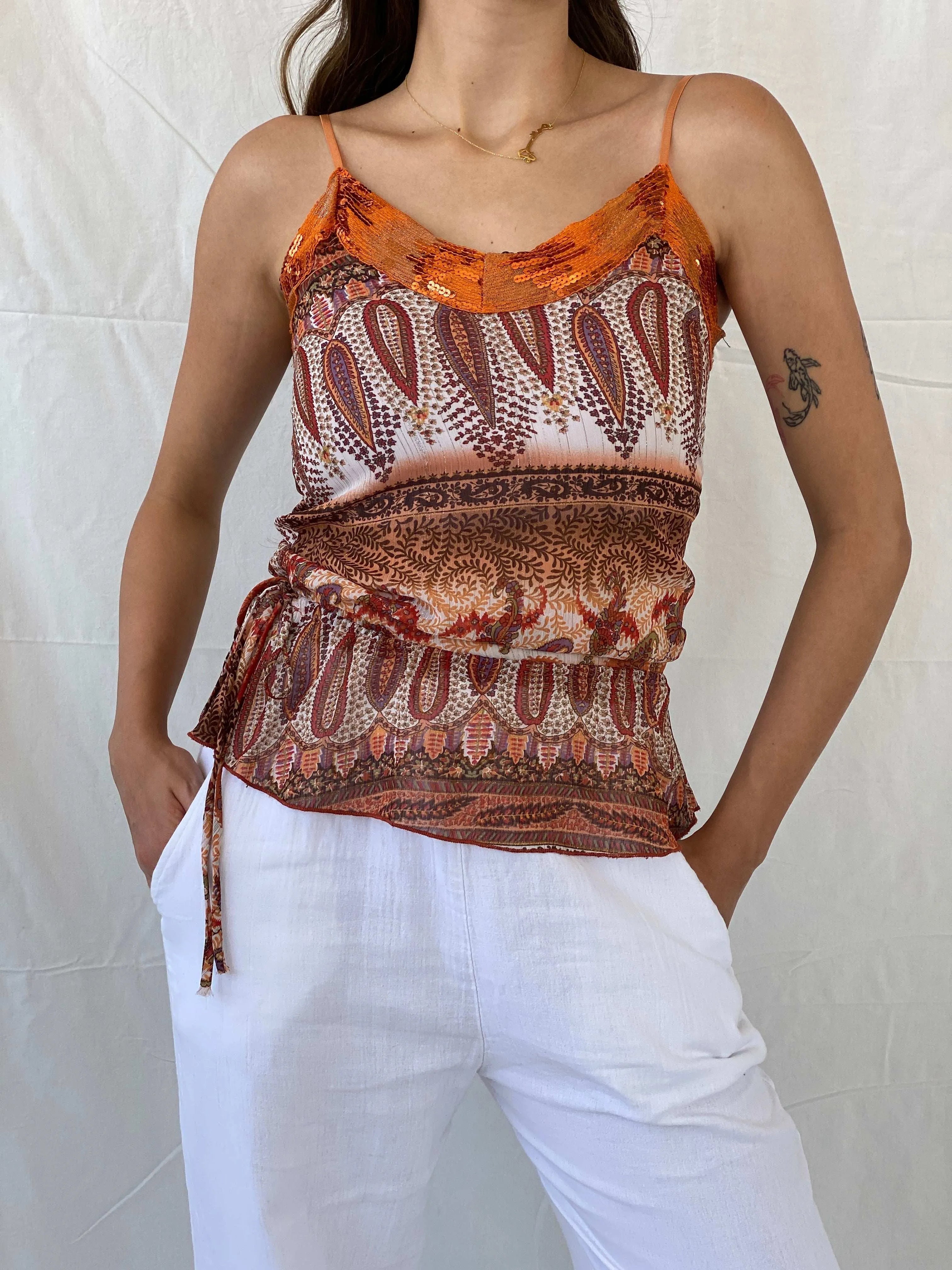 Vintage 00s Vanity Orange Paisley Print Top With Sequins Details - S - Balagan Vintage Cami 00s, Cami, Mira, women top